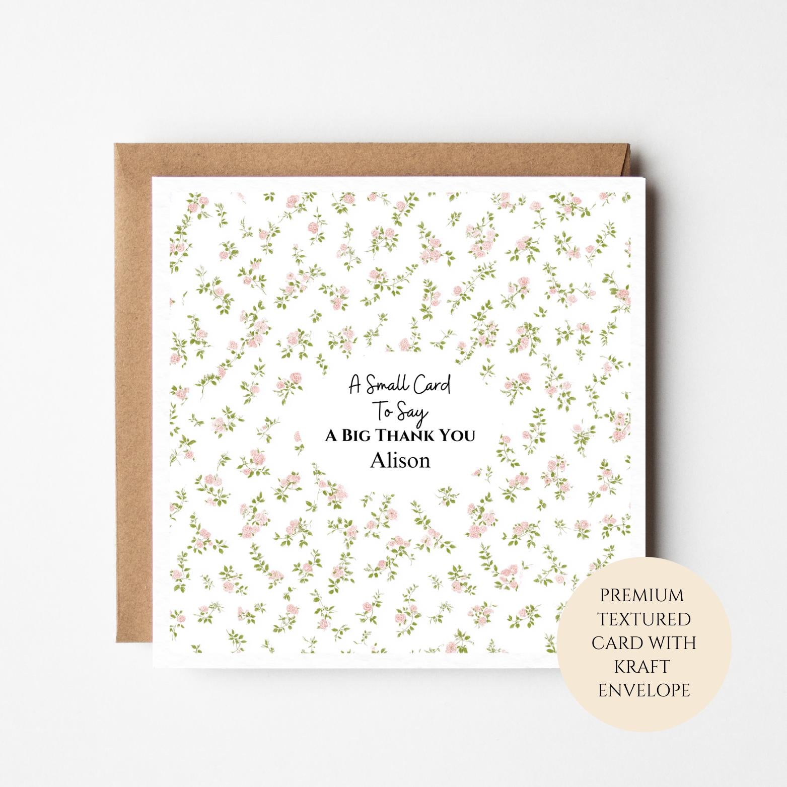 Personalised Tiny Rose Sprig Thank You Card for Friend Neighbour Teacher or Colleague – Botanical Pattern