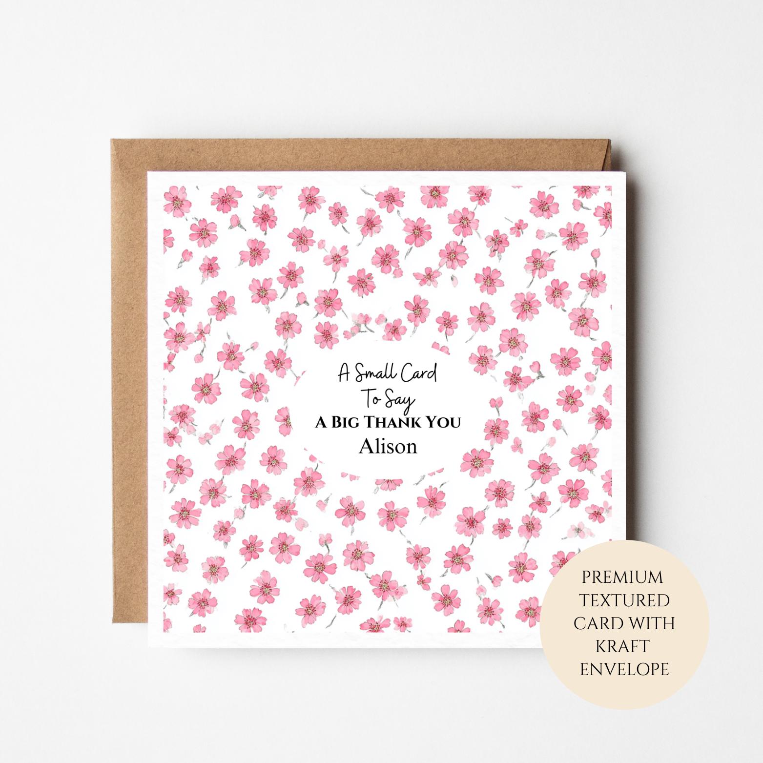 Personalised Pink Blossom Thank You Card for Friend Neighbour Teacher or Colleague – Floral Pattern