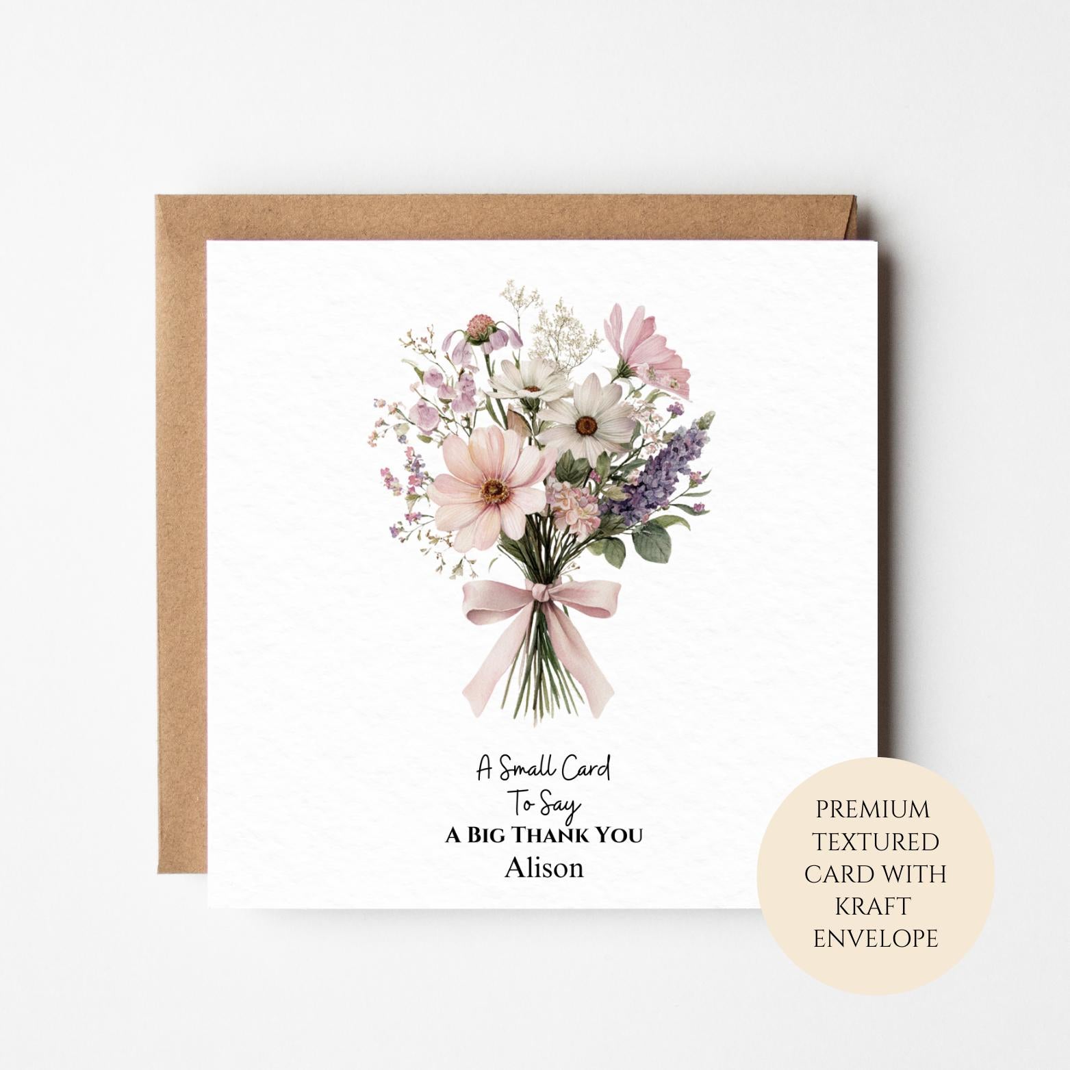 Personalised Bouquet Thank You Card for Friend Neighbour Teacher or Colleague – Pink Ribbon Flowers