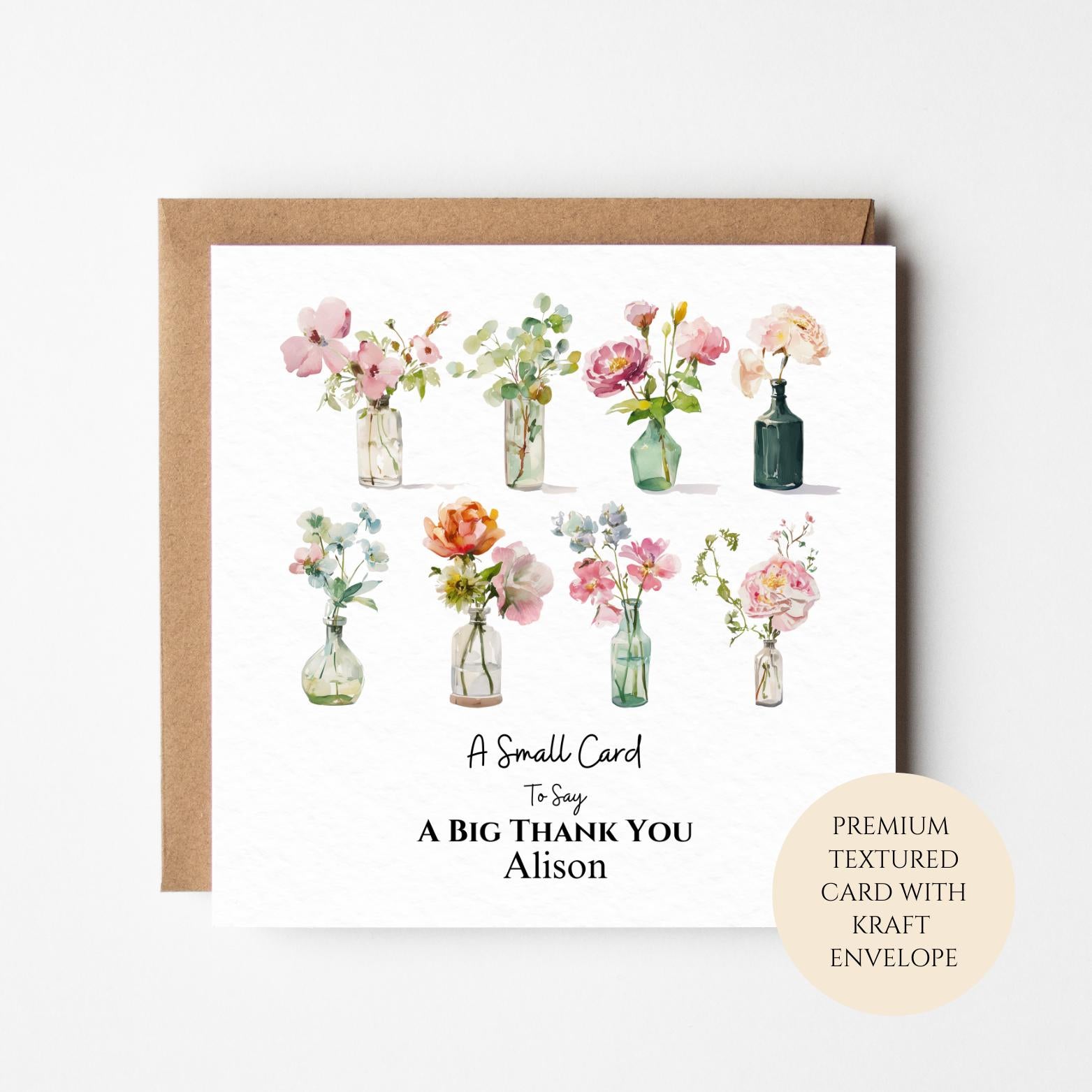 Personalised Thank You Flower Card for Friend Neighbour Teacher or Colleague – Watercolour Glass Vases