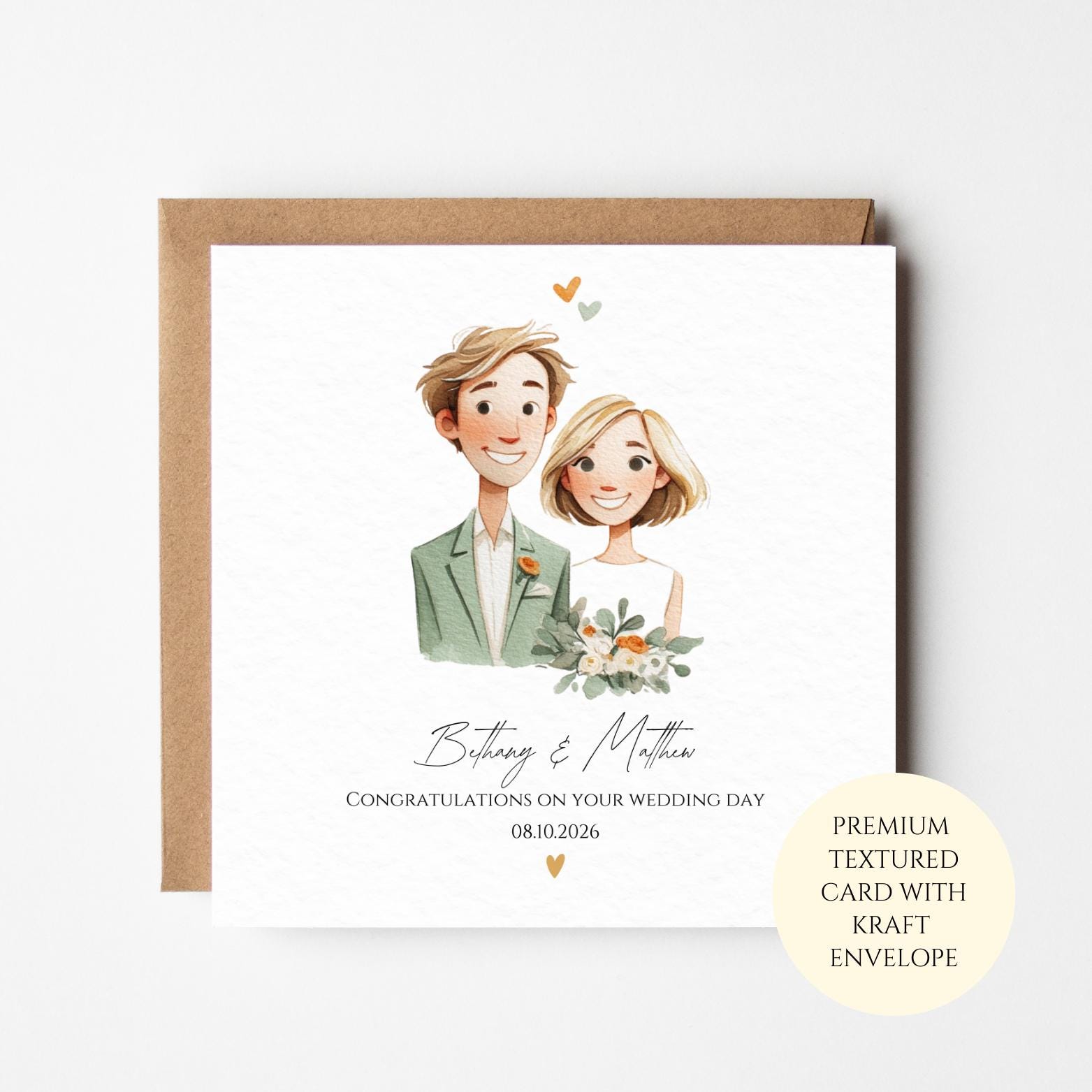 Cute Illustrated Couple Wedding Congratulations Card – Personalised Newlyweds Wedding Day Card with Bouquet