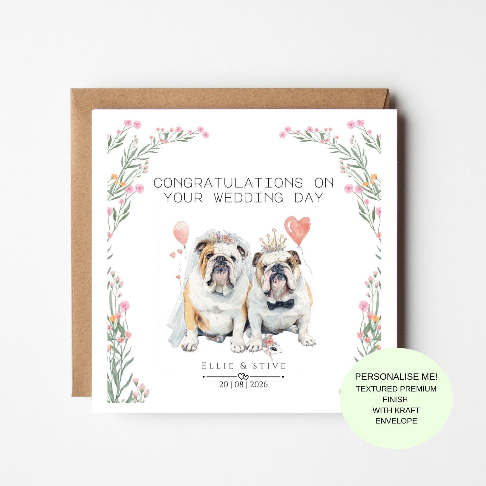Bulldog Wedding Congratulations Card for Dog Lovers – Personalised Wedding Day Card