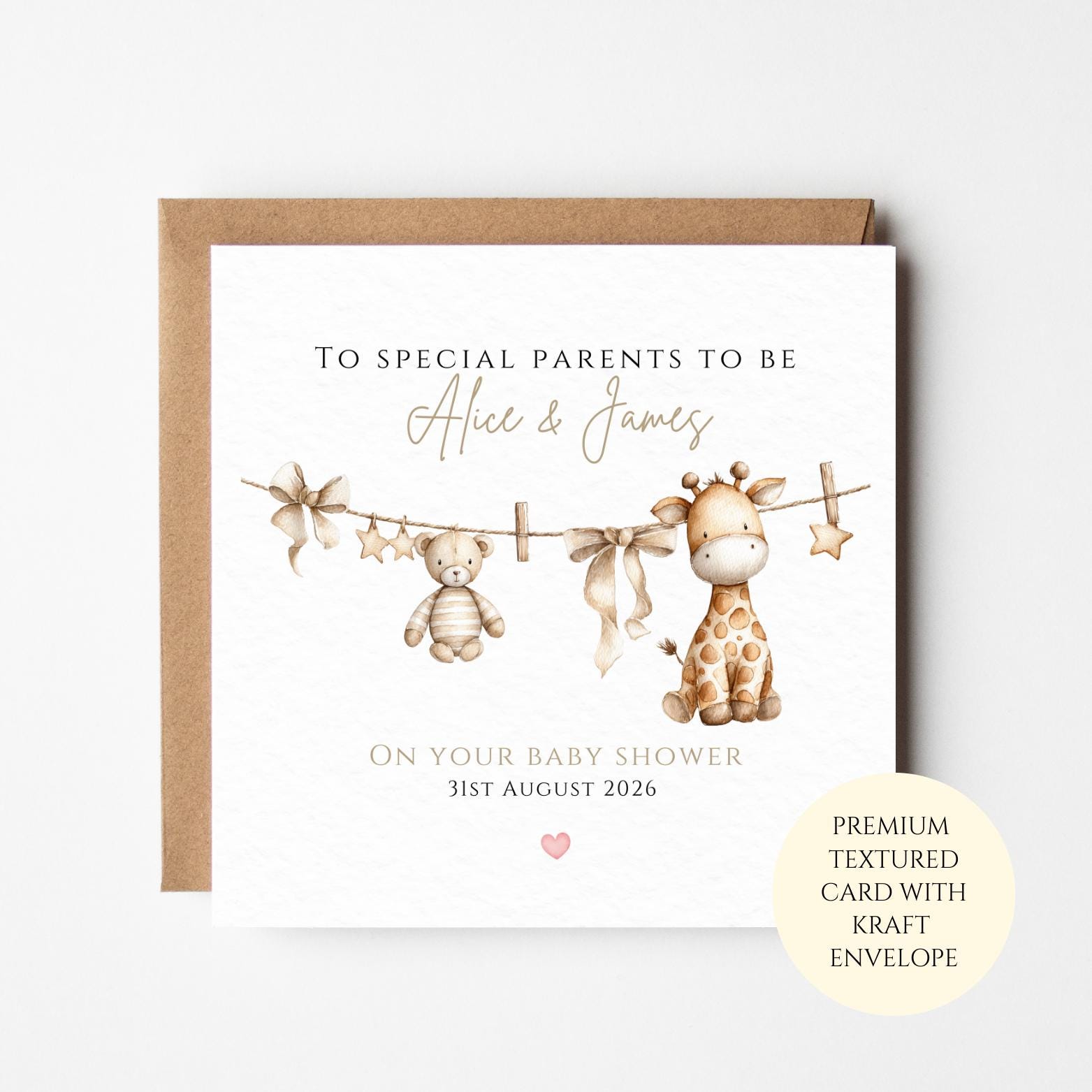Personalised Baby Shower Card for Parents To Be – Giraffe and Teddy Clothes Line Neutral Baby Card