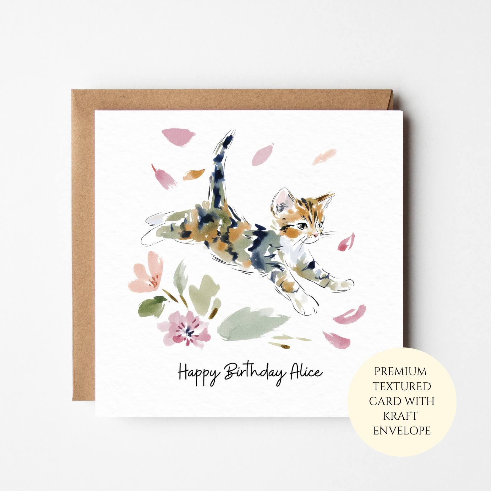 Watercolor Cat Birthday Card: Floral Design with Brown Envelope