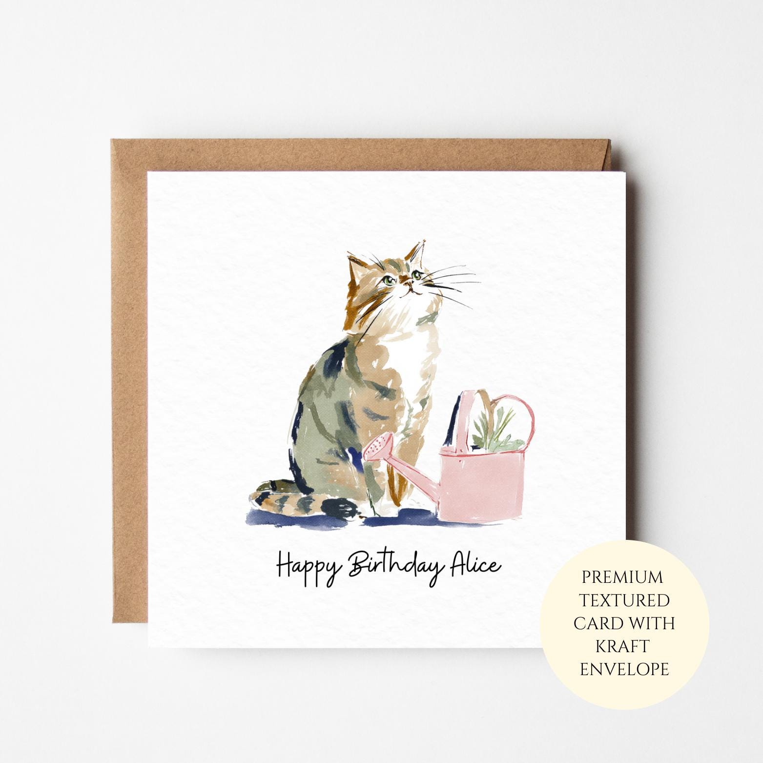 Watercolor Cat Birthday Card - Floral Illustration, Textured Paper