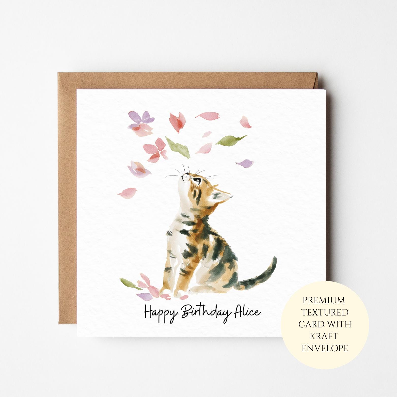 Watercolor Cat Birthday Card - Floral Design on Textured Paper