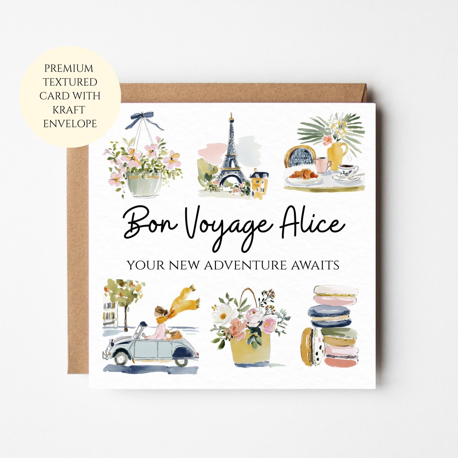 Bon Voyage France Card – Watercolour Eiffel Tower, Café & Parisian Details