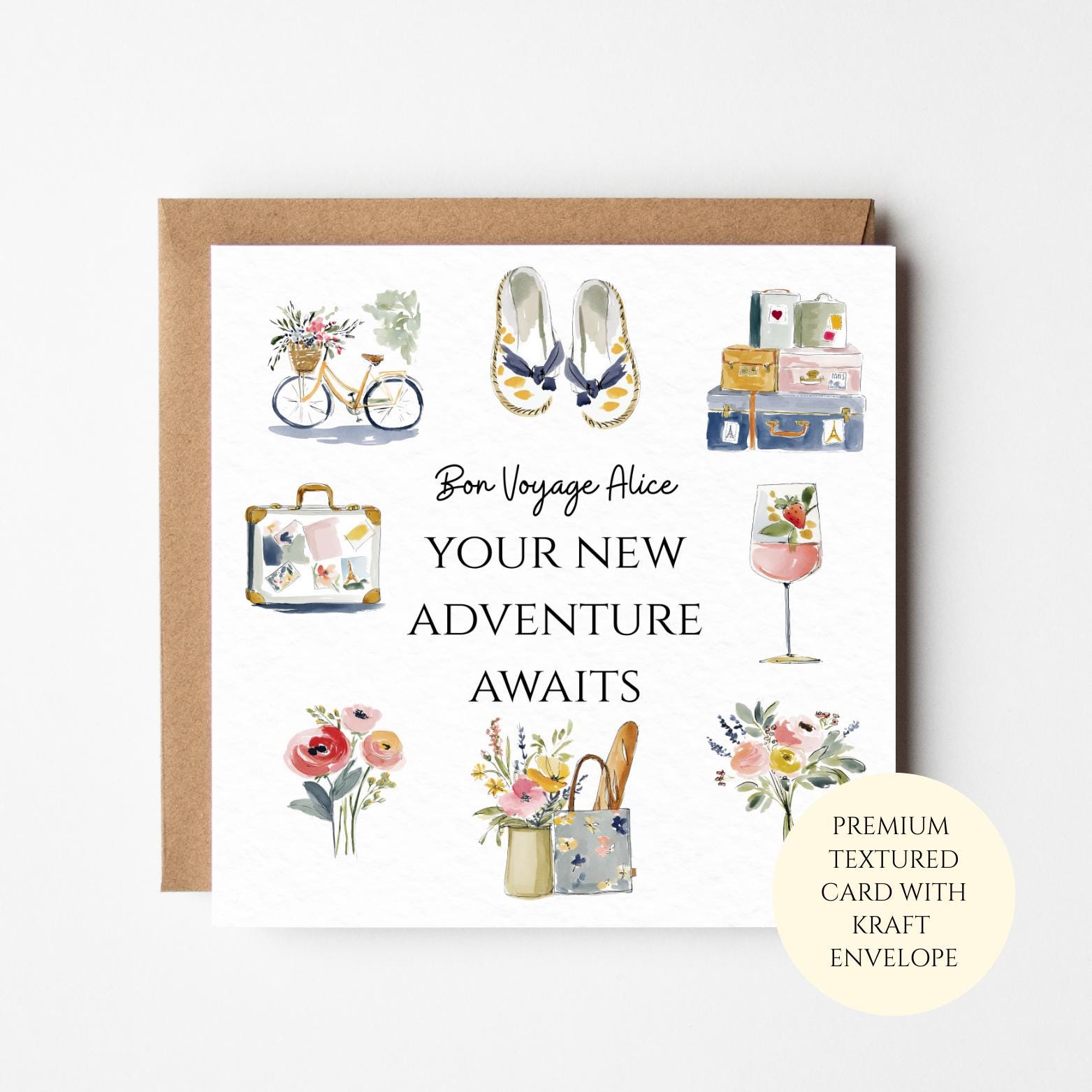 Bon Voyage France Travel Card – Watercolour Paris Icons, Suitcases & Bicycle | Personalised Bon Voyage Card