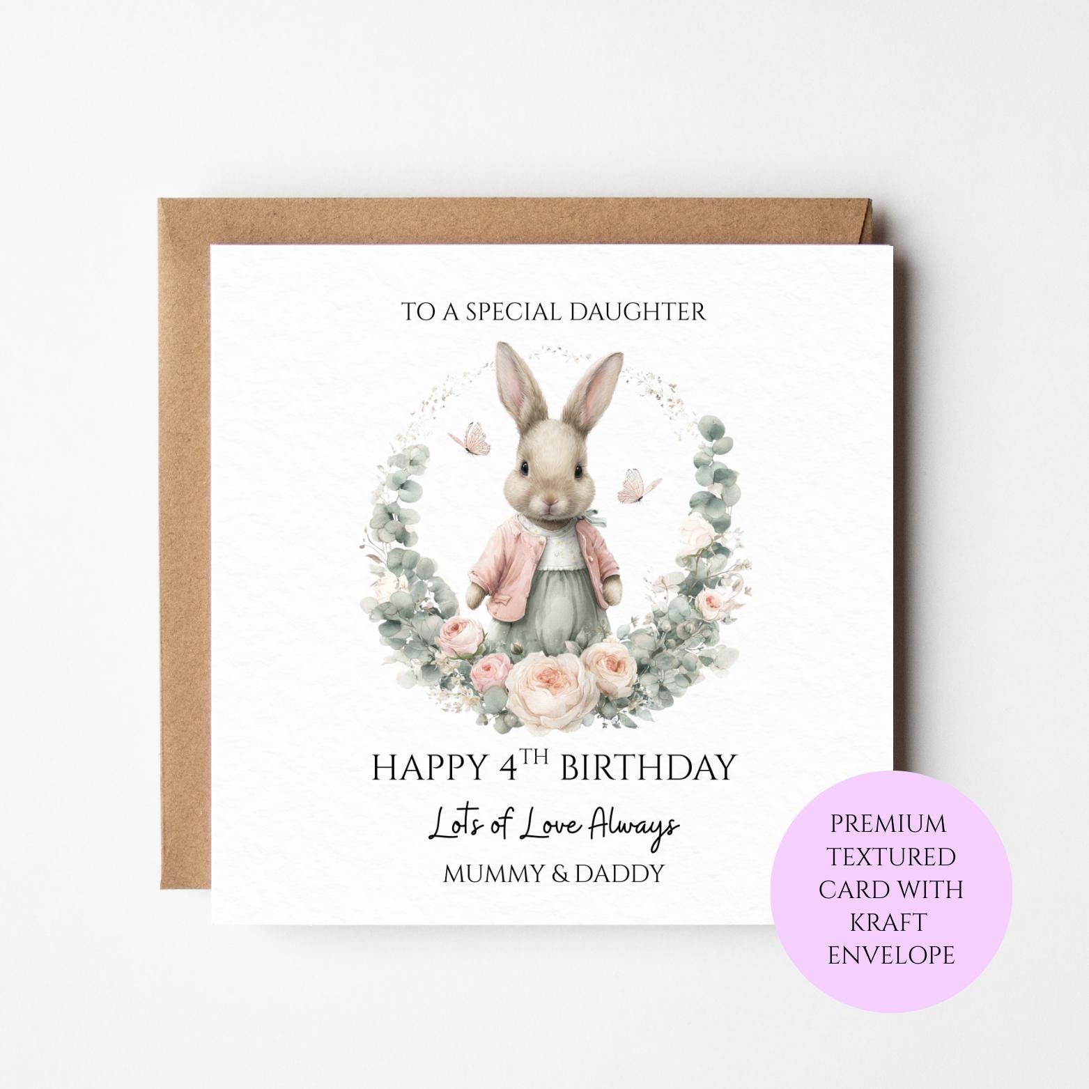 Personalised 4th Birthday Card for Daughter | Bunny Floral Wreath