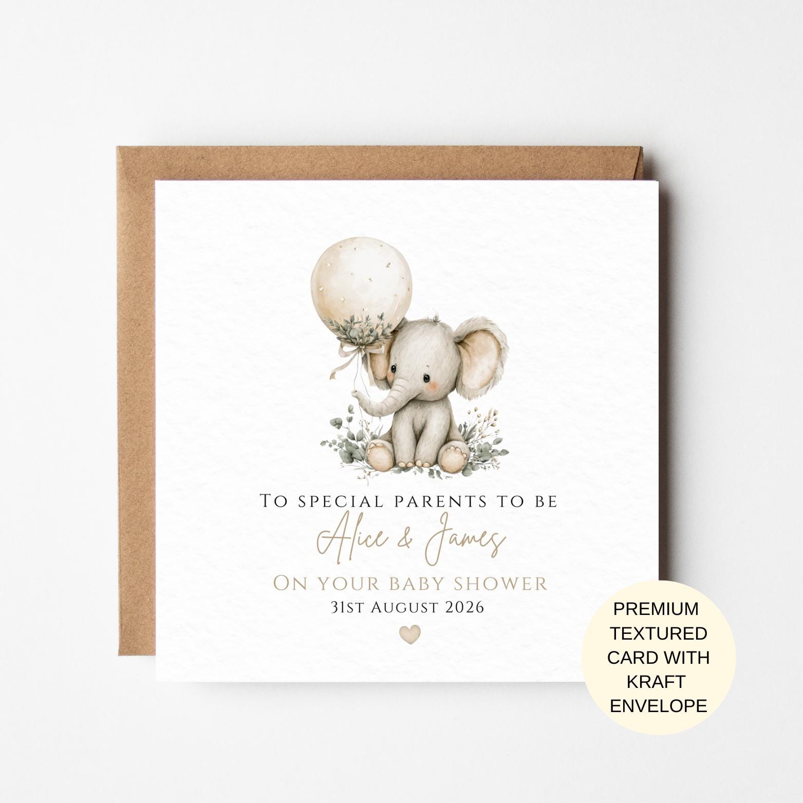 Baby Shower Card for Parents to Be Neutral Elephant with Balloon | New Parents Special Keepsake Gift