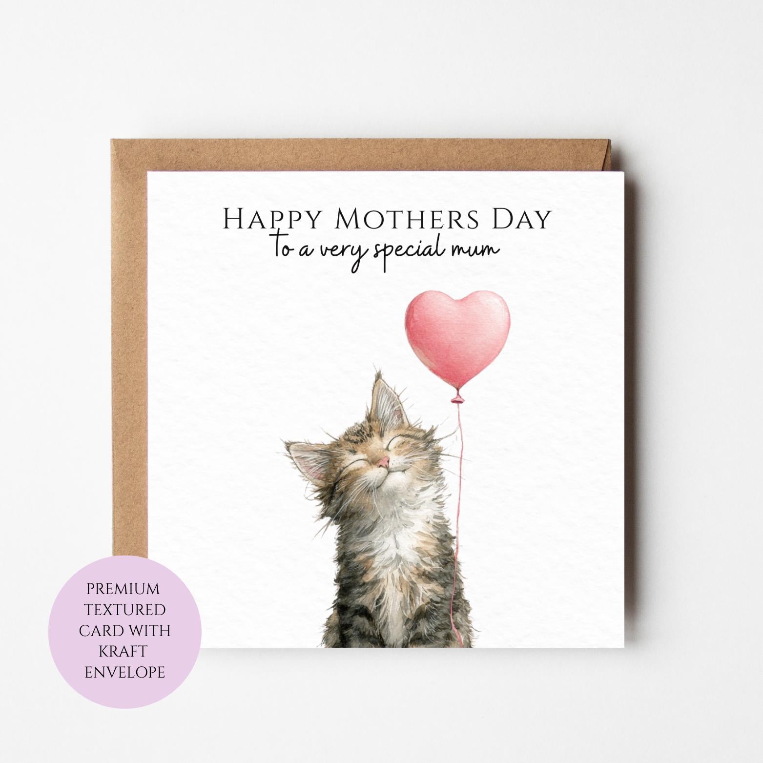 Mum Mothers Day Card Watercolour Cat With Heart Balloon Cute Mum Gift Mothers Day Textured Heartfelt Card Best Mum Love Card Mum Day