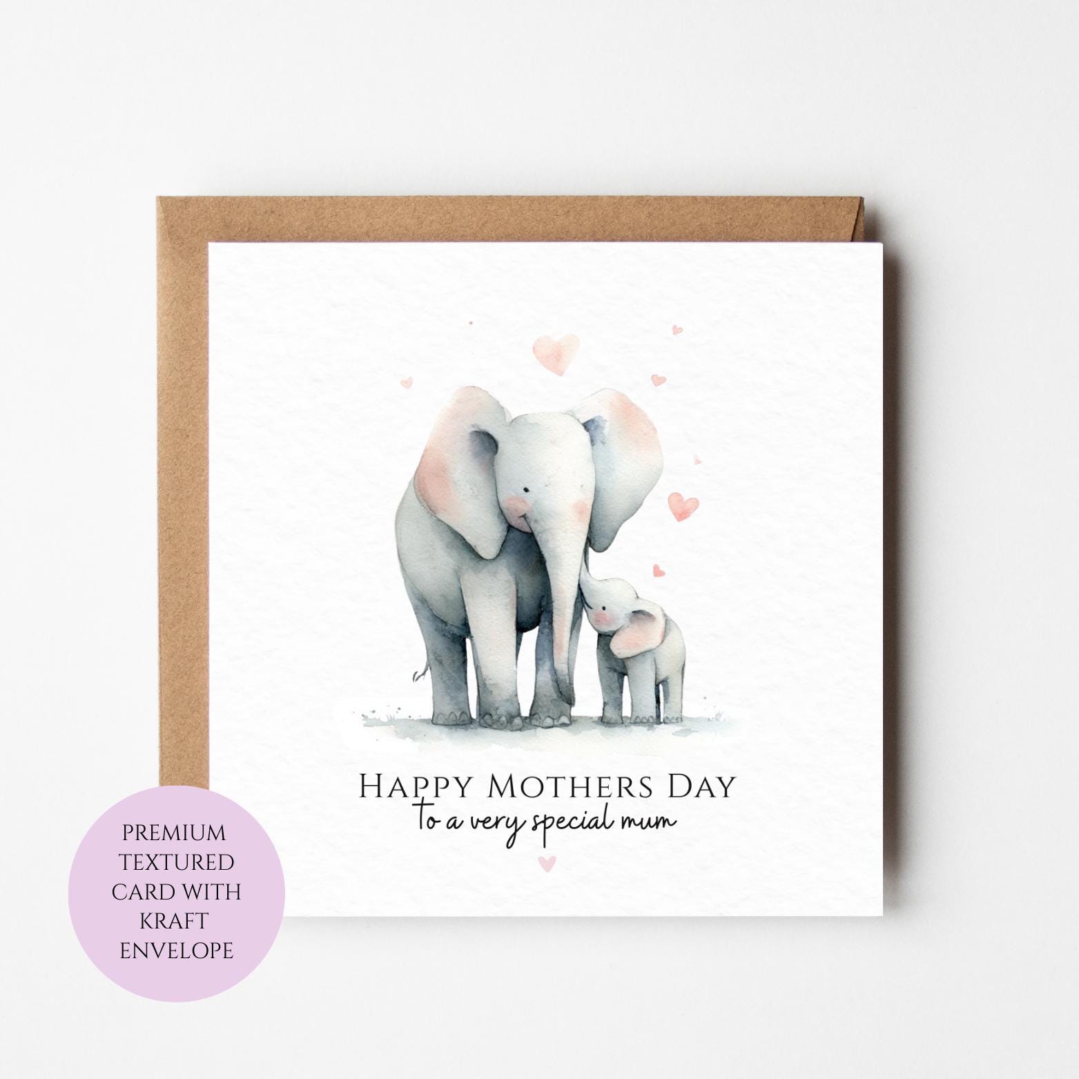 Mum Mothers Day Card Watercolour Elephant Family Safari Animal Best Mum Card Mothers Day Textured Heartfelt Card Best Mum Love Card Mum Day