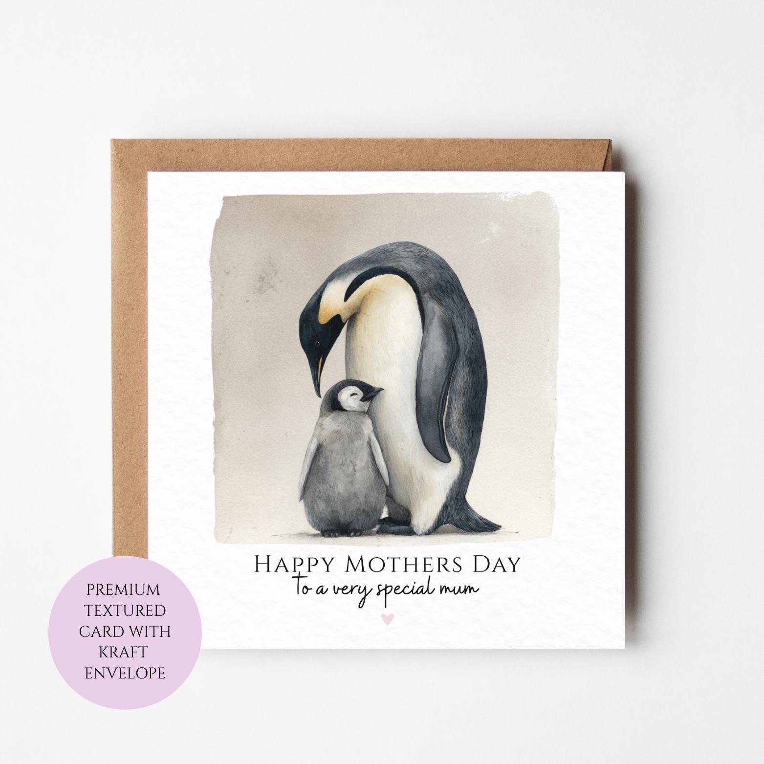 Mum Mothers Day Card Watercolour Penguin Family Arctic Animal Gift Mothers Day Textured Heartfelt Card Best Mum Love Card Mum Day