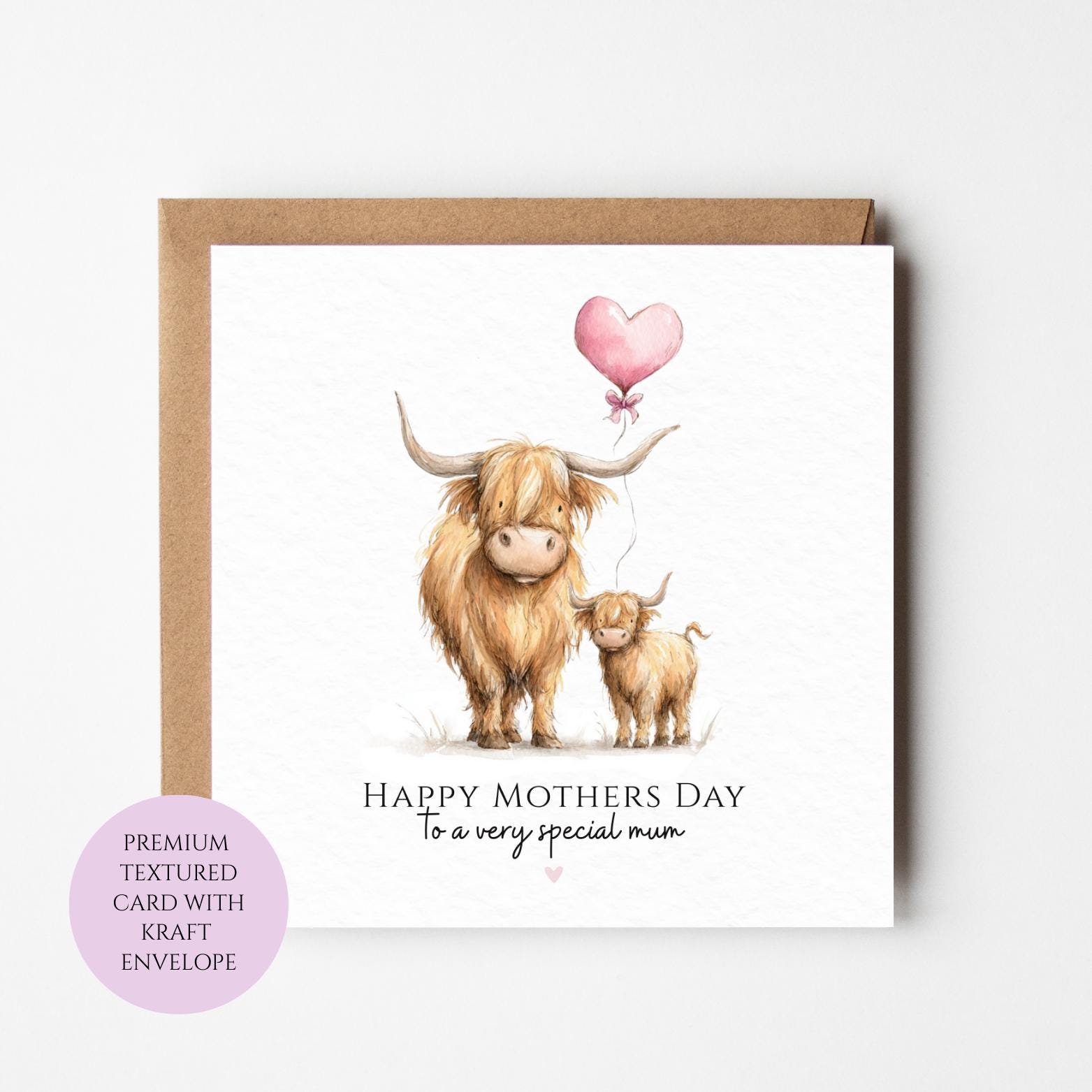 Mum Mothers Day Card Watercolour Highland Cow Family Best Mum Gift Mothers Day Textured Heartfelt Card Best Mum Love Card Mum Day