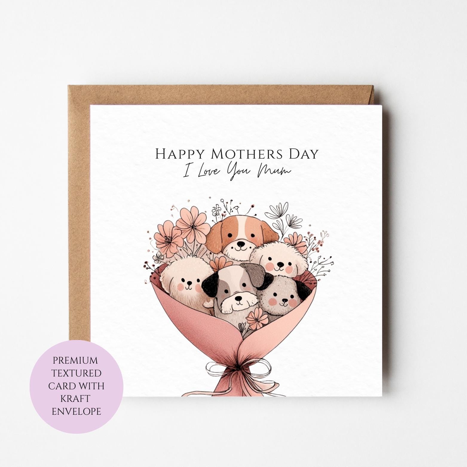 Mum Mothers Day Card Watercolour Dog Bouquet Cute Puppy Best Mum Gift Mothers Day Textured Heartfelt Card Best Mum Love Card Mum Day