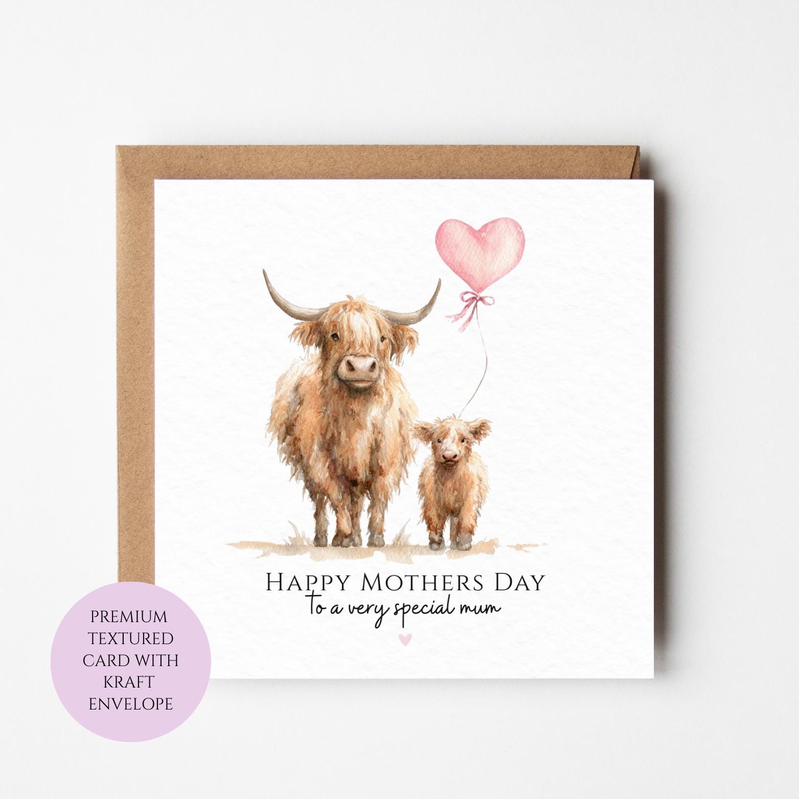 Mum Mothers Day Card Watercolour Highland Cow Family Special Mum Card Mothers Day Textured Heartfelt Card Best Mum Love Card Mum Day