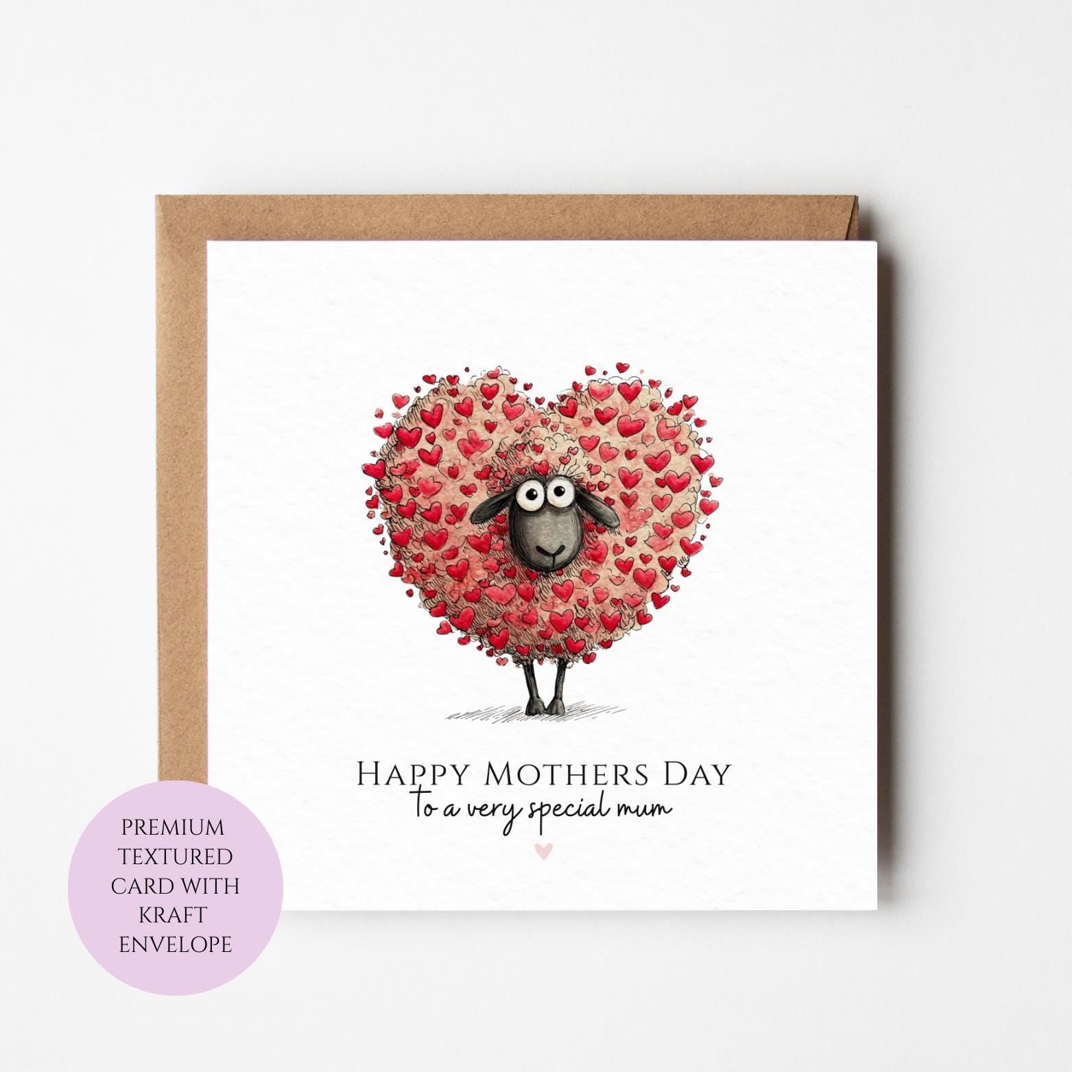 Mum Mothers Day Card Watercolour Sheep Heart Design Cute Mum Gift Mothers Day Textured Heartfelt Card Best Mum Love Card Mum Day