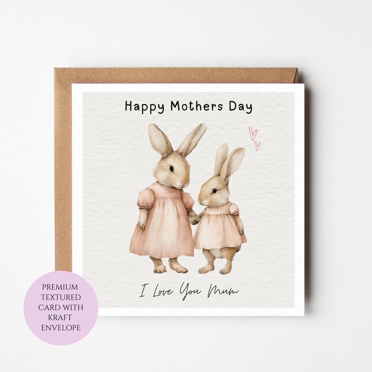 Mum Mothers Day Card Watercolour Rabbit Pair I Love You Mum Cute Animal Best Mum Card UK