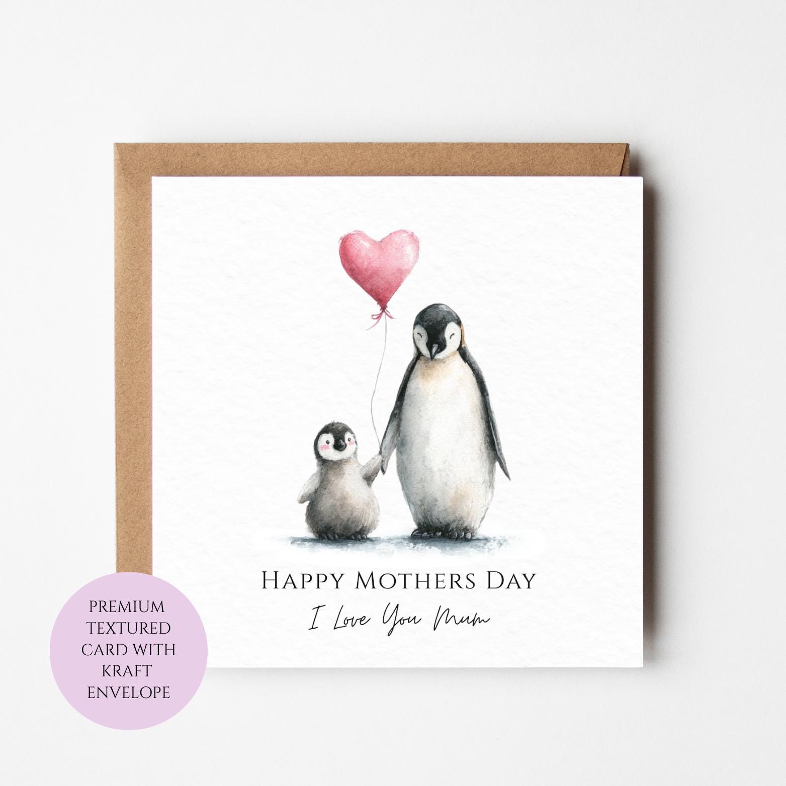 Mum Mothers Day Card Watercolour Penguin Family Cute Animal Special Mum Card Mothers Day Textured Heartfelt Card Best Mum Love Card Mum Day