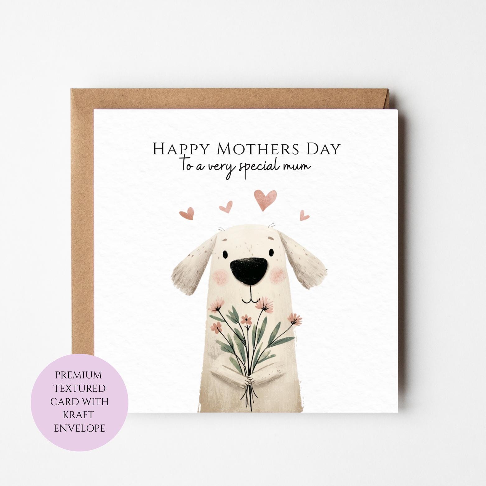Mum Mothers Day Card Watercolour Dog With Flowers Cute Mum Gift Mothers Day Textured Heartfelt Card Best Mum Love Card Mum Day