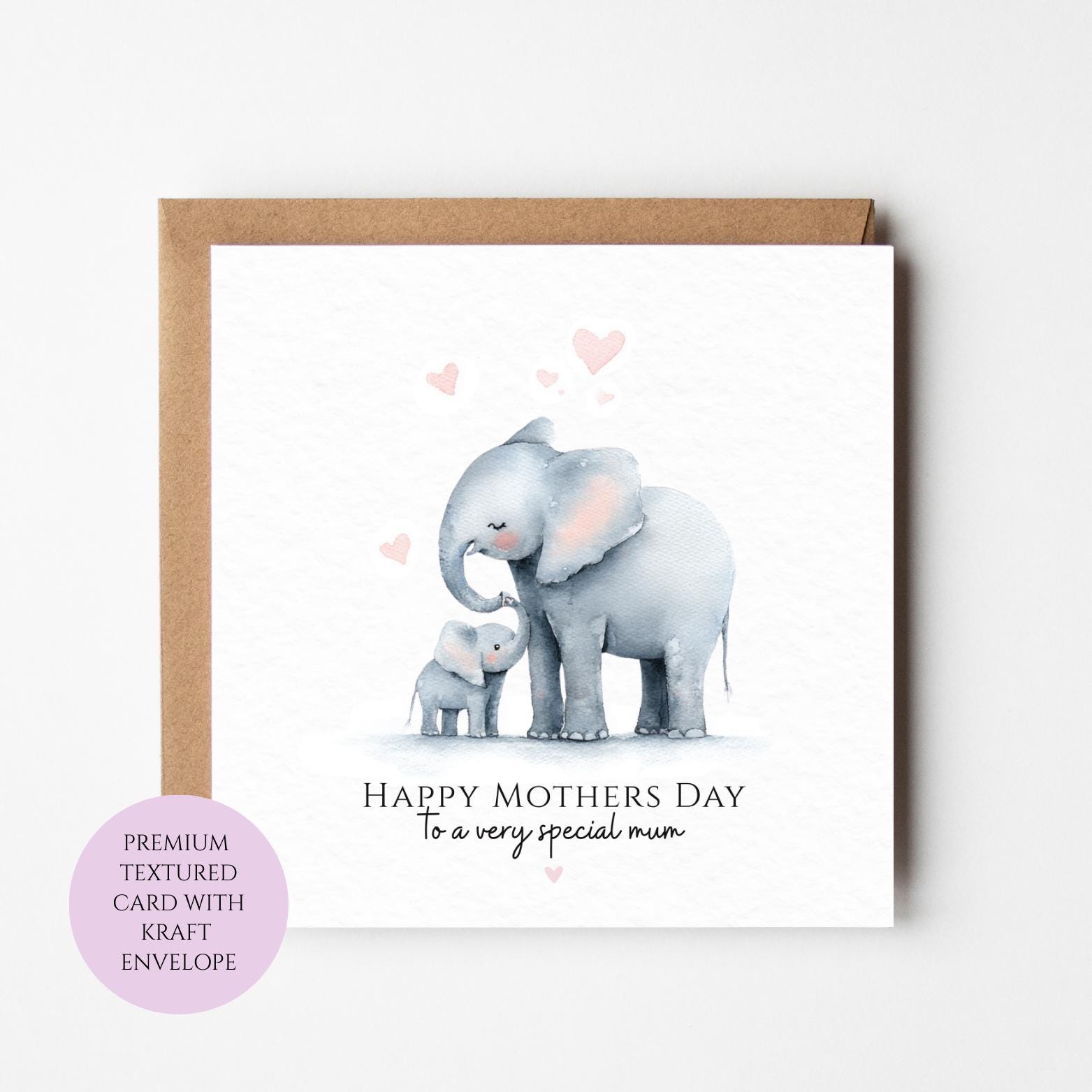 Mum Mothers Day Card Watercolour Elephant Family Cute Safari Animal Gift Mothers Day Textured Heartfelt Card Best Mum Love Card Mum Day