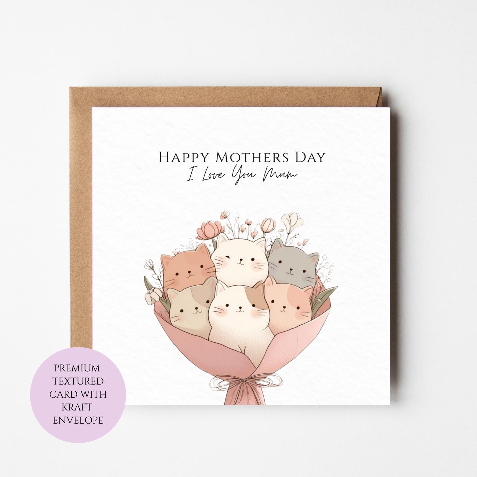 Mum Mothers Day Card Watercolour Cat Bouquet Cute Animal Best Mum Card Mothers Day Textured Heartfelt Card Best Mum Love Card Mum Day