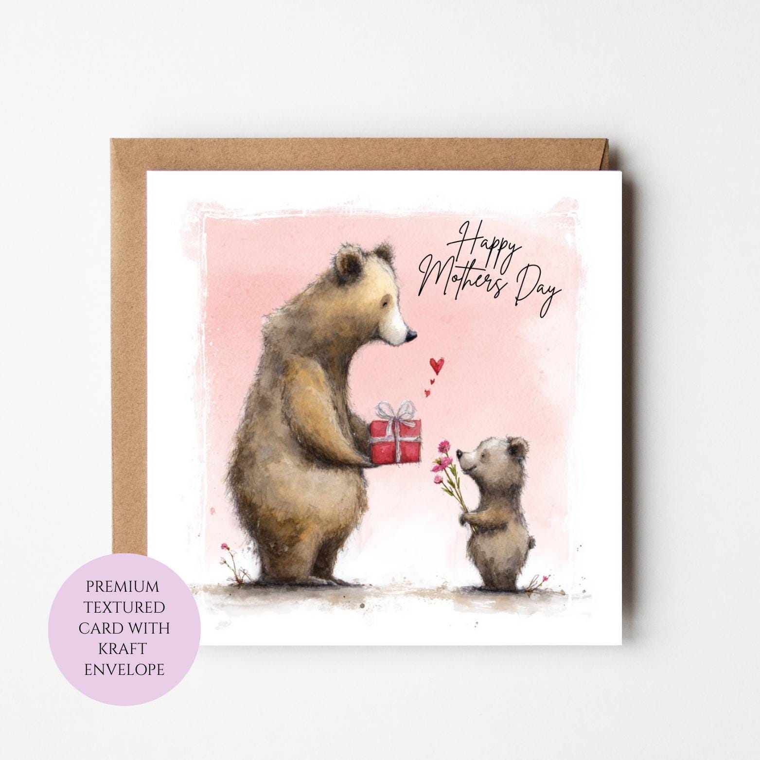 Mum Mothers Day Card Watercolour Bear Family Pink Design Best Mum Gift Mothers Day Textured Heartfelt Card Best Mum Love Card Mum Day