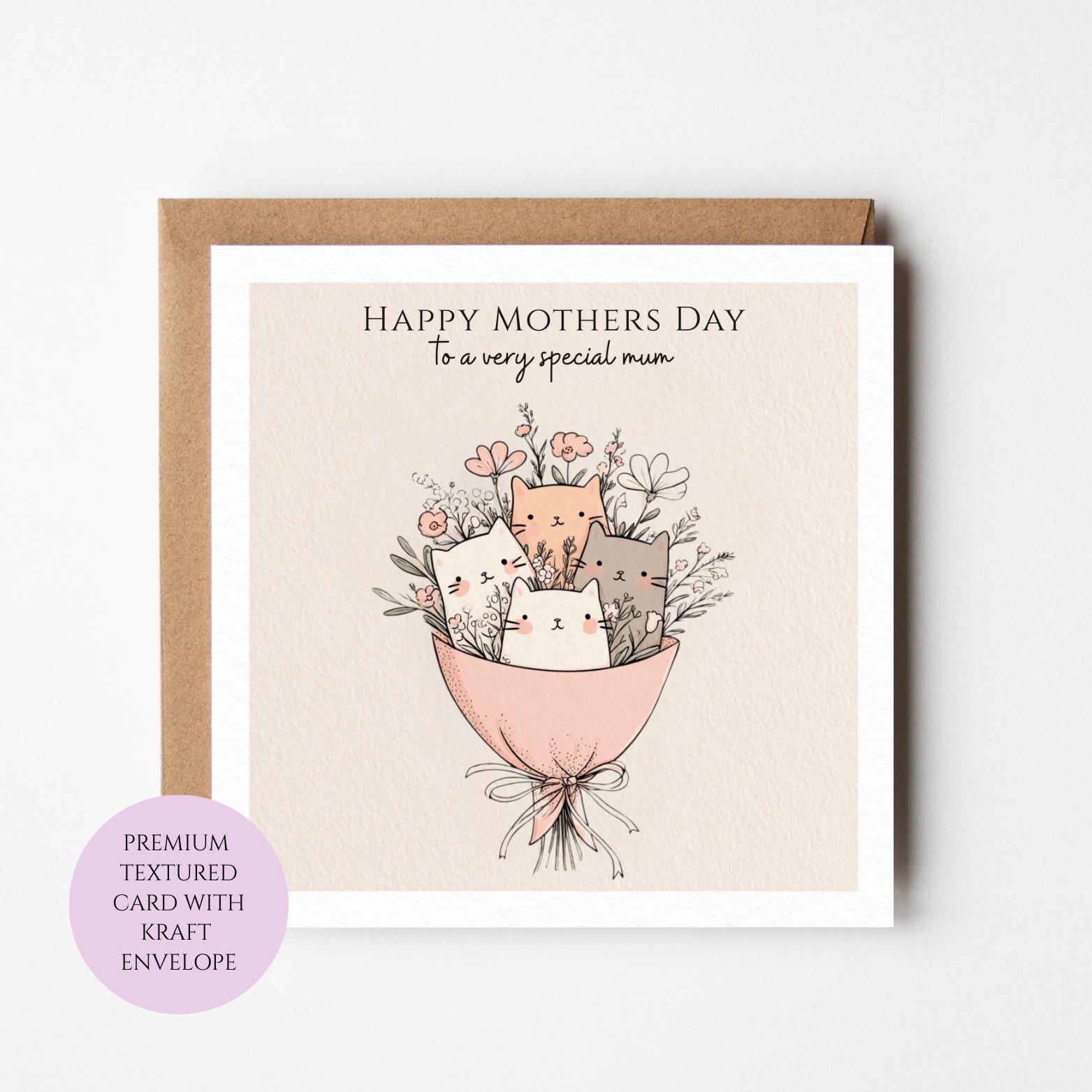 Mum Mothers Day Card Watercolour Cat Bouquet Cute Kitten Best Mum Card Gift Mothers Day Textured Heartfelt Card Best Mum Love Card Mum Day