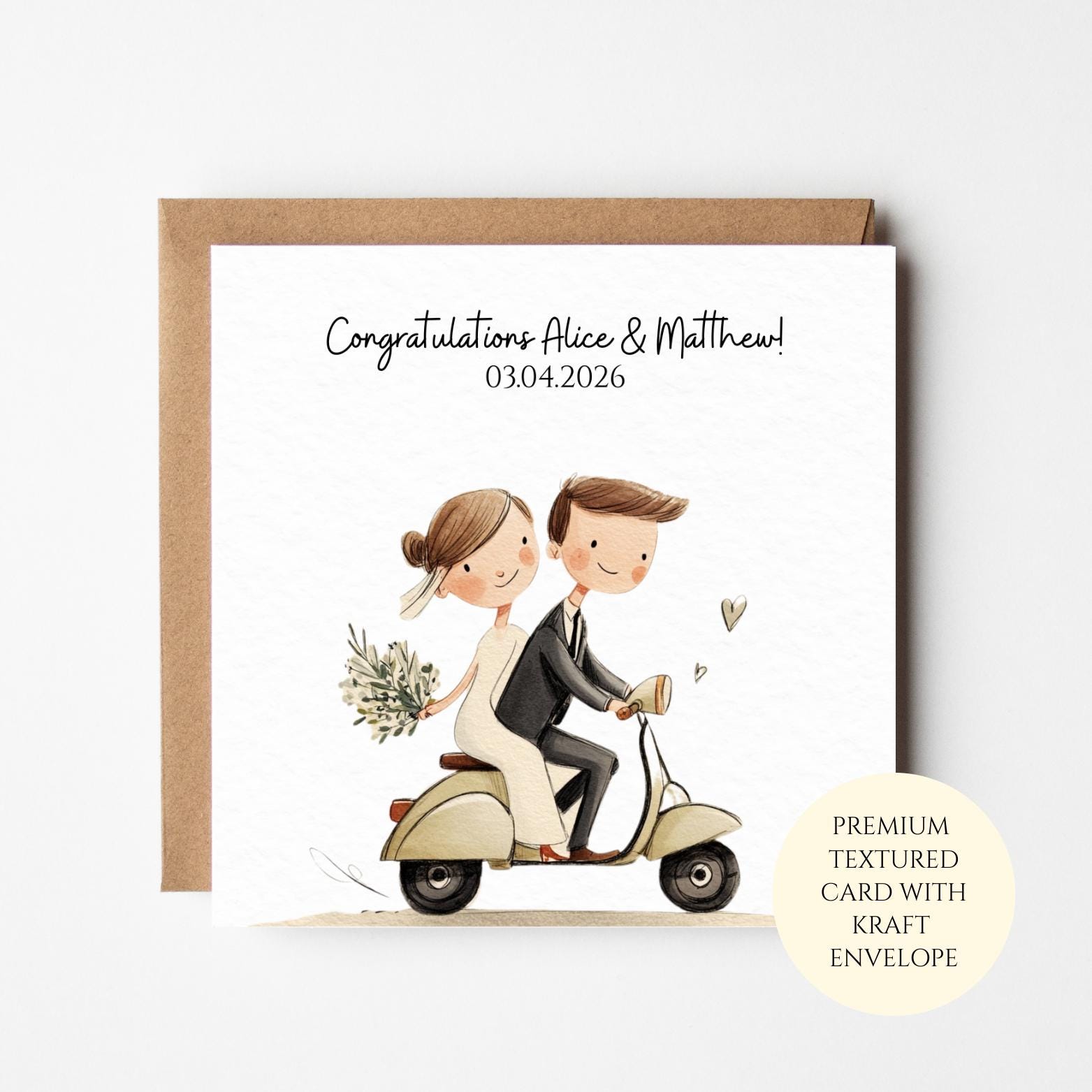 Wedding Congratulations Card – Bride & Groom on Vespa Illustration, Personalised Newlyweds Card