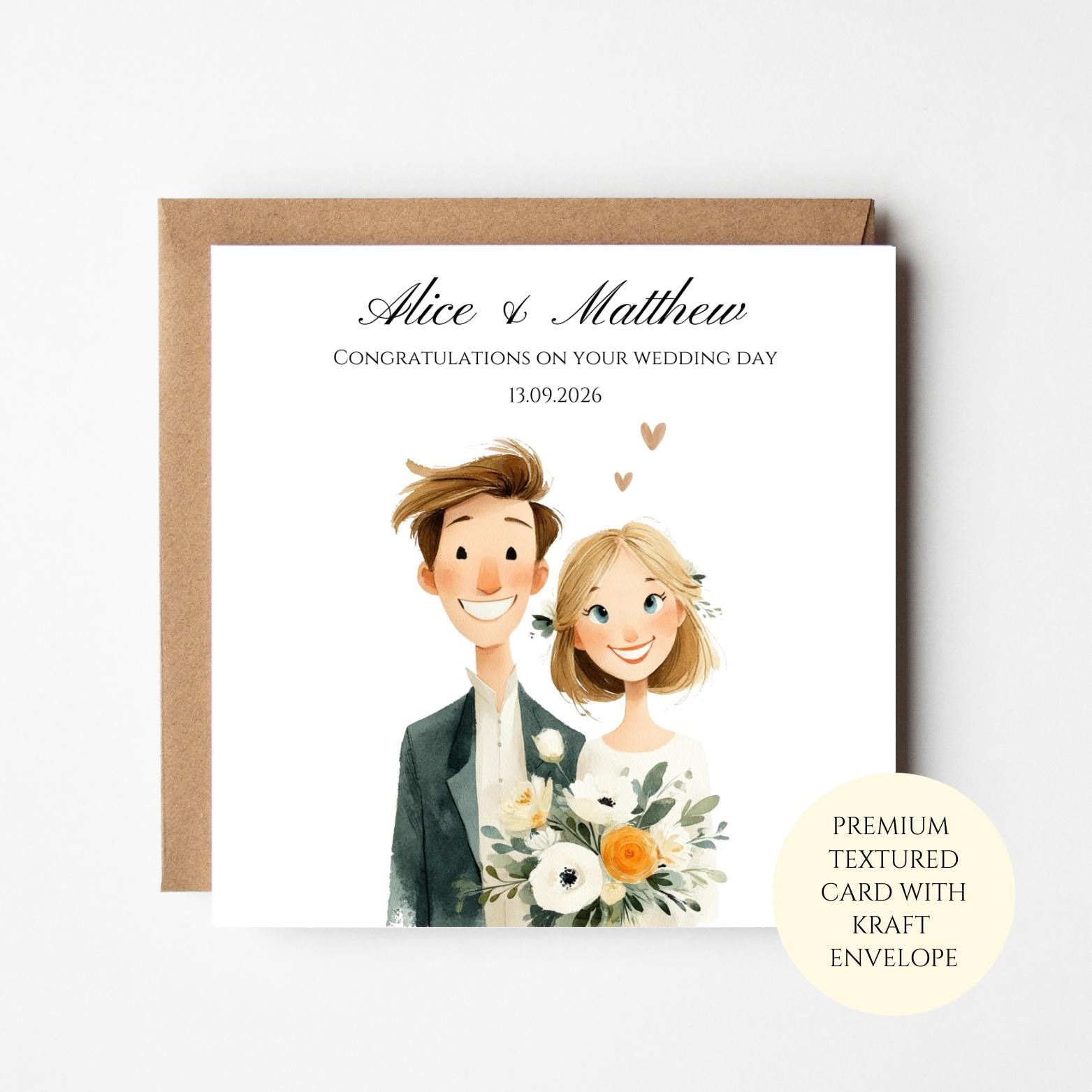 Illustrated Couple Portrait Wedding Card – Cute Newlyweds with Bouquet, Personalised Wedding Congratulations
