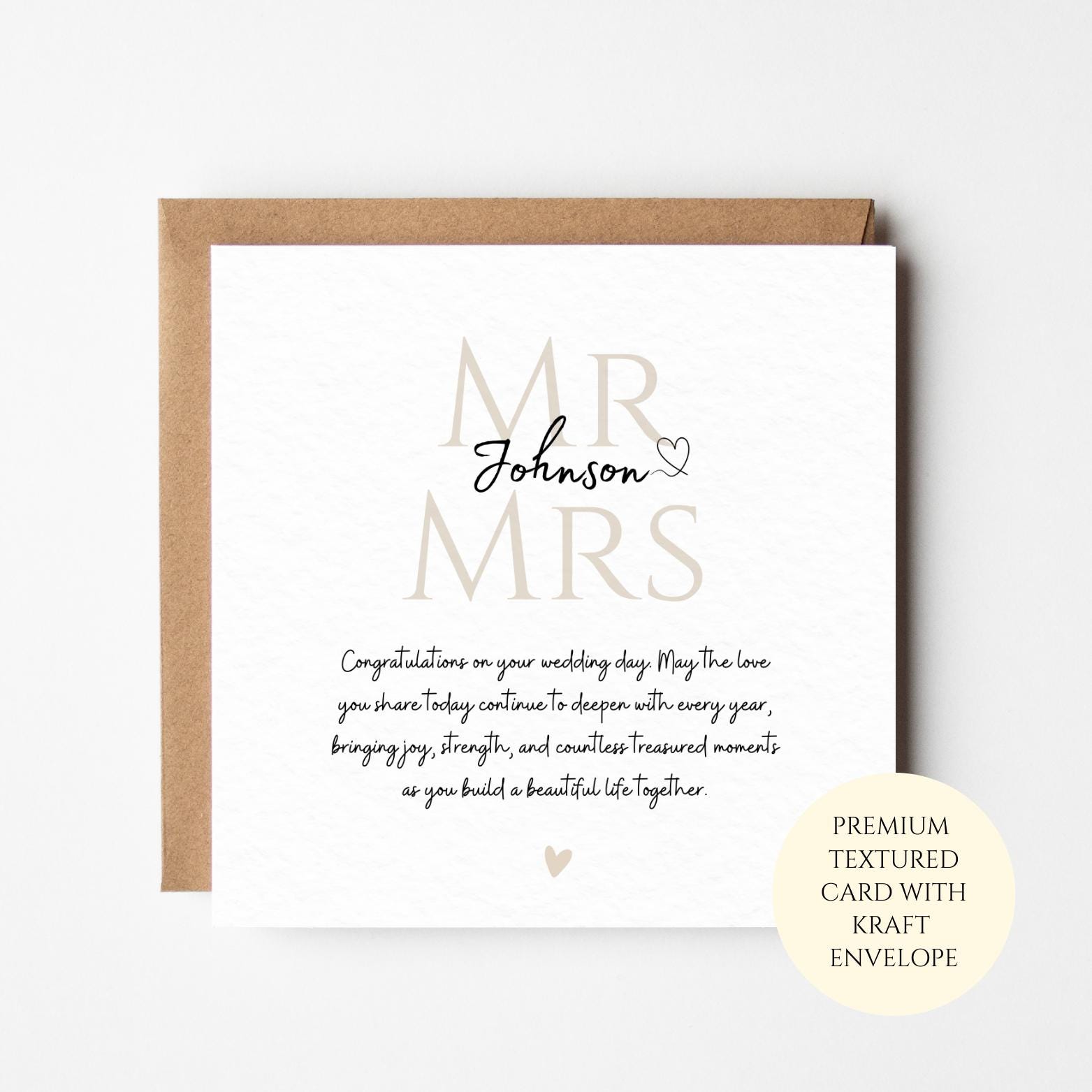 Personalised Mr & Mrs Wedding Card with Message – Surname Design Heartfelt Wedding Congratulations Text