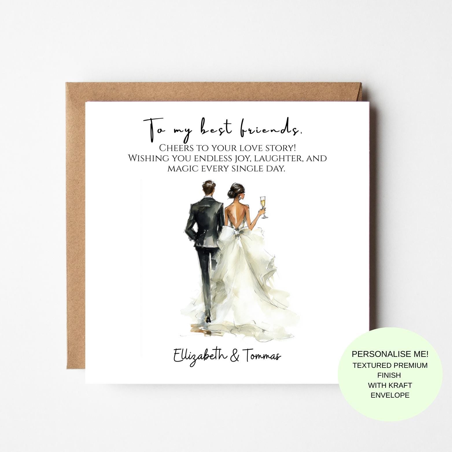 Wedding Card for Best Friends – Illustrated Bride and Groom Wedding Congratulations