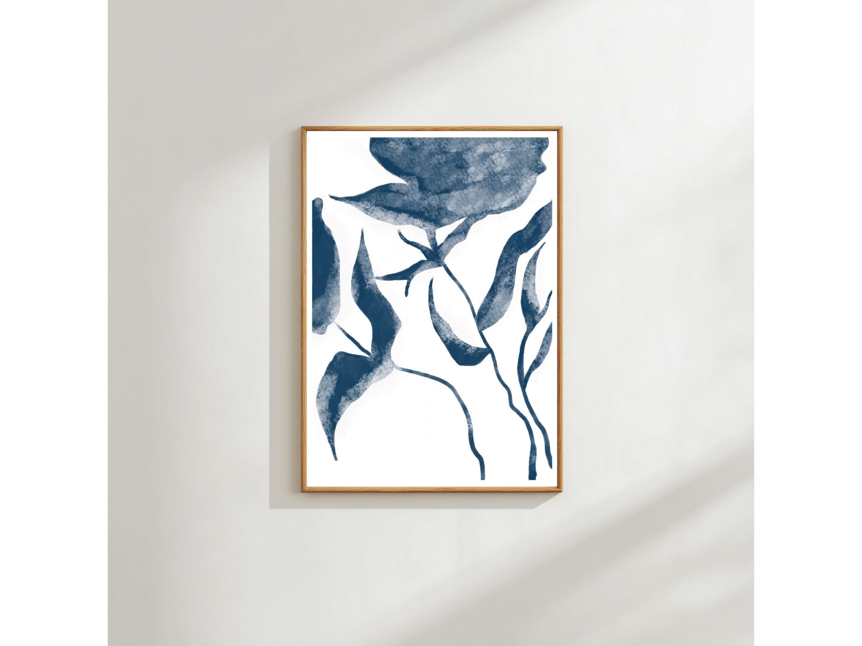 Blue Floral Wall Art Print: Scandinavian Minimal Botanical Decor