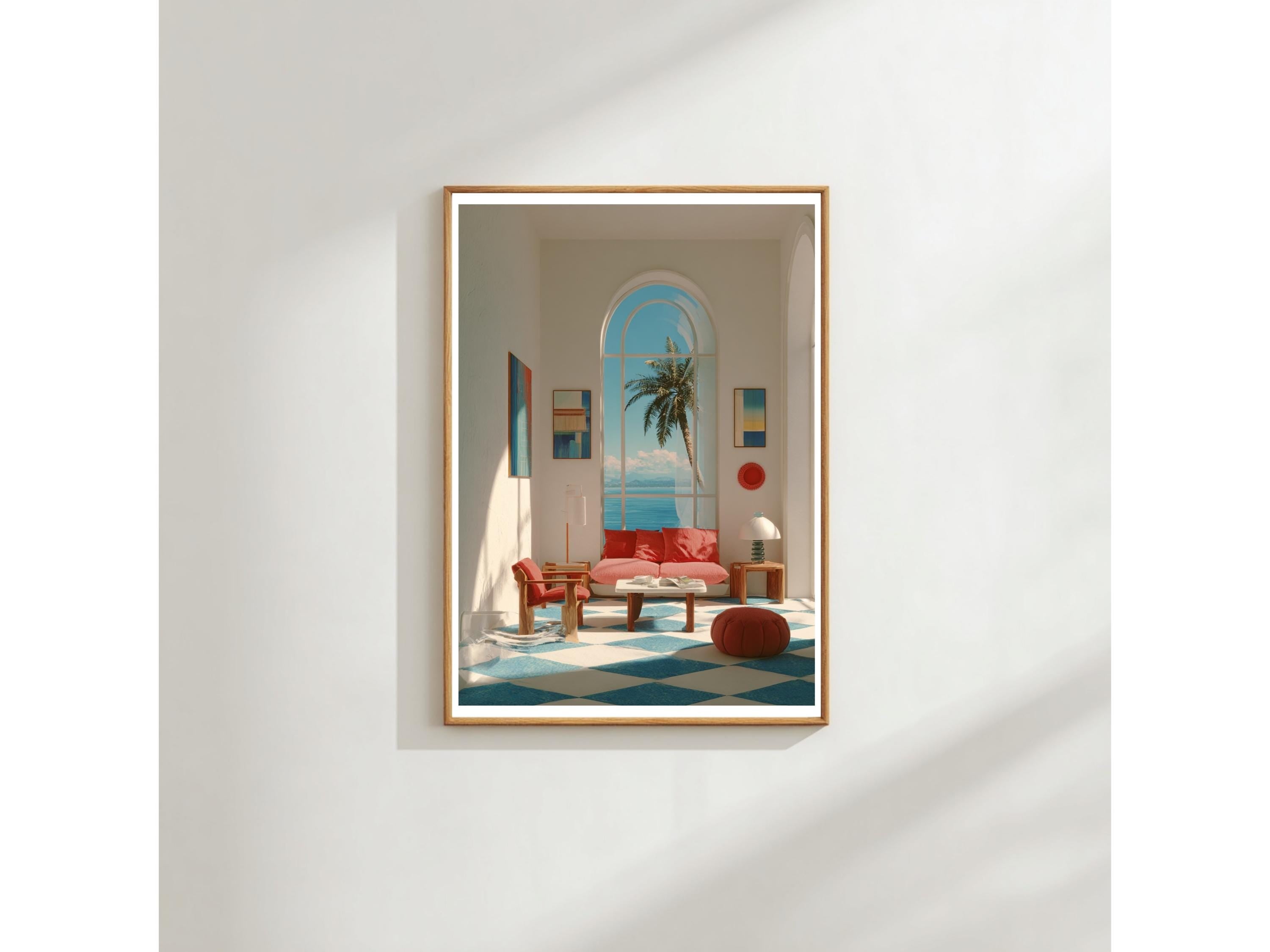 Coastal Wall Art Print: Mediterranean Sea View - Arched Window Design