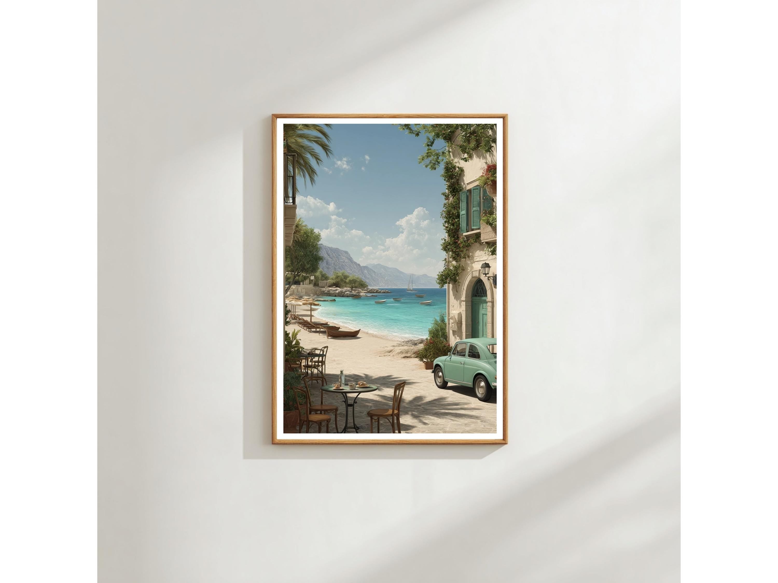 Italian Coastal Café Wall Art Print: Mediterranean Summer Decor