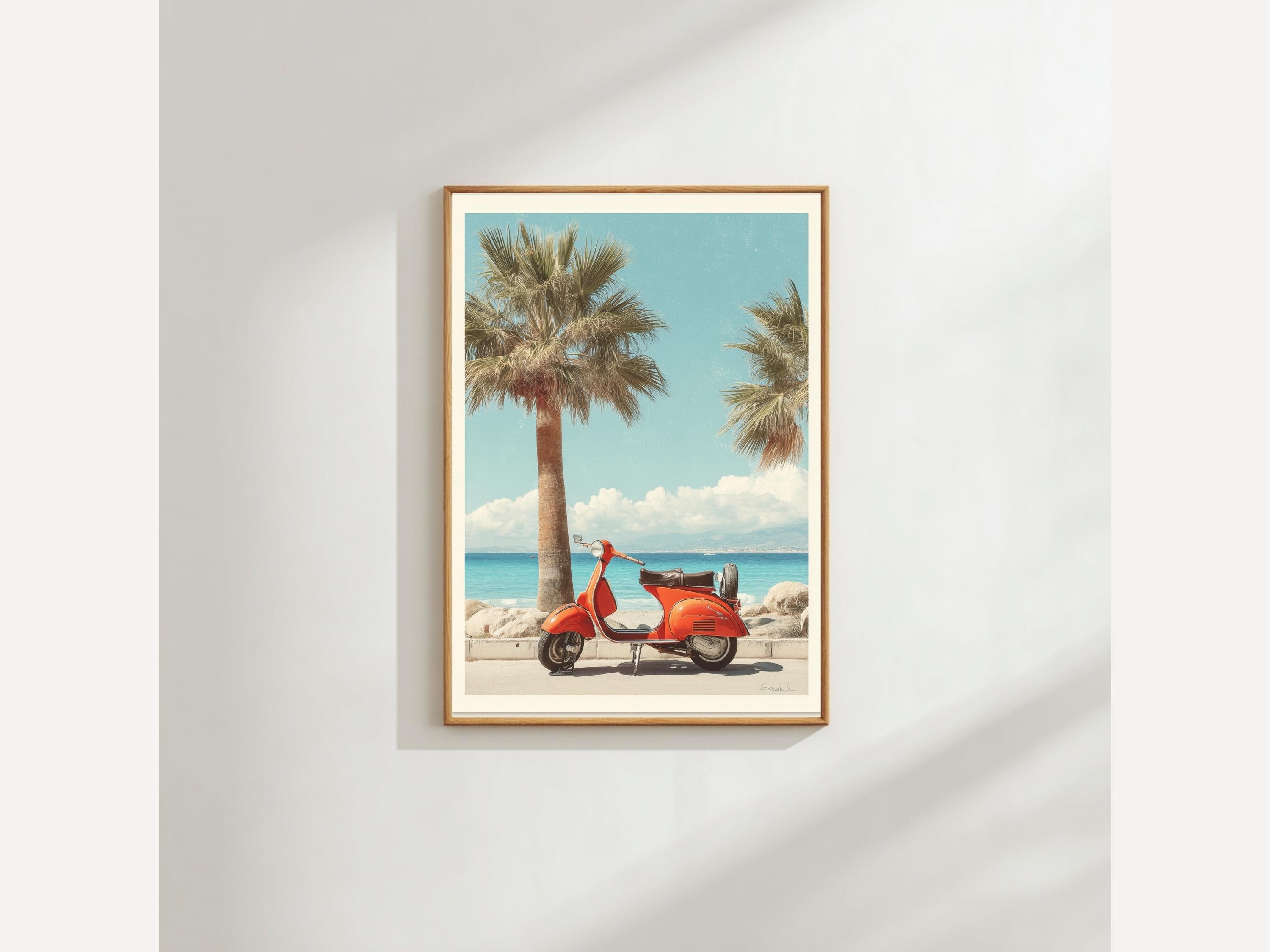 Italian Coastal Wall Art: Vintage Vespa and Palm Trees (Beach Print)