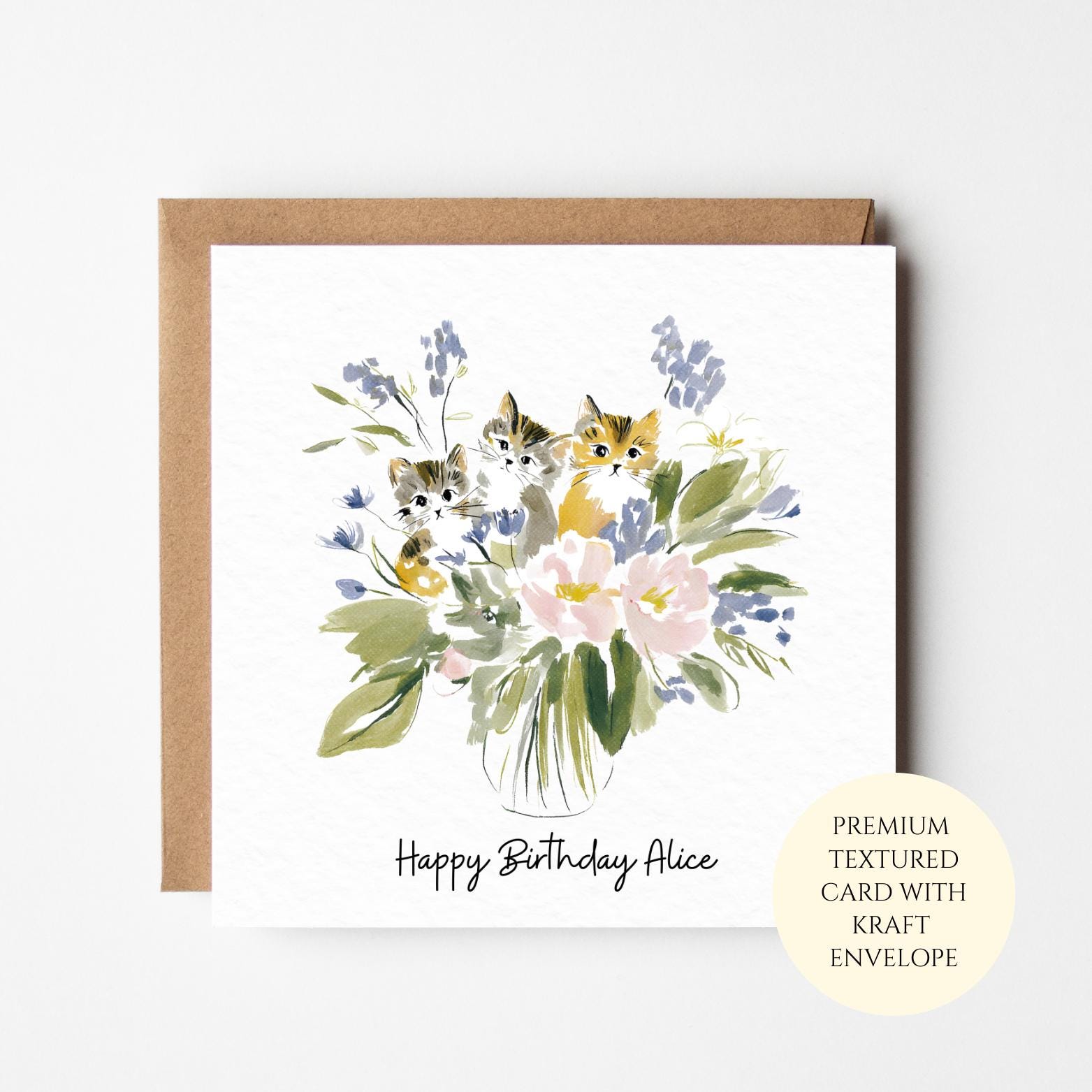Watercolor Cat Birthday Card: Floral Design, Cute and Elegant