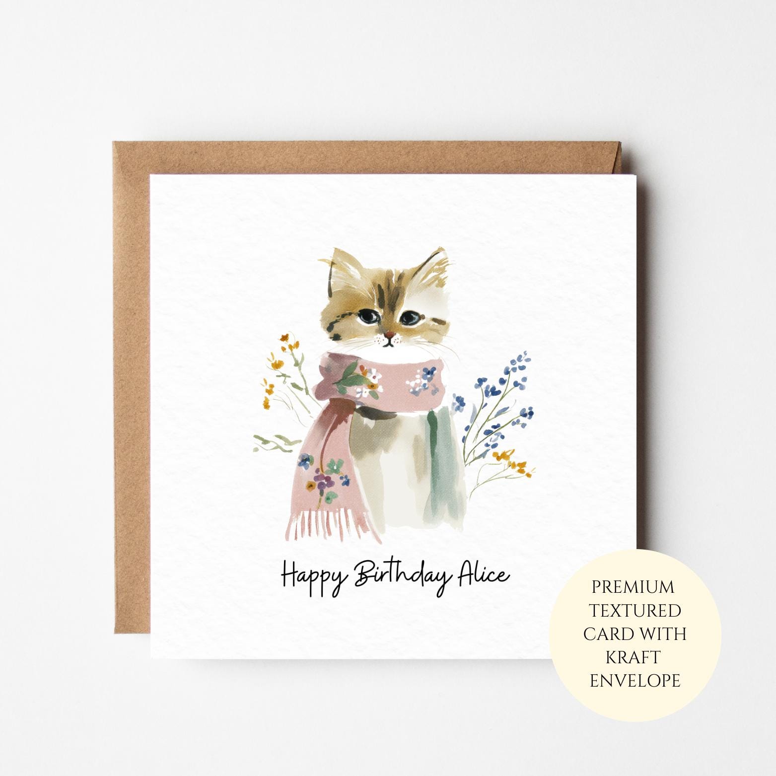 Watercolor Cat Birthday Card - Floral Design, Textured Paper