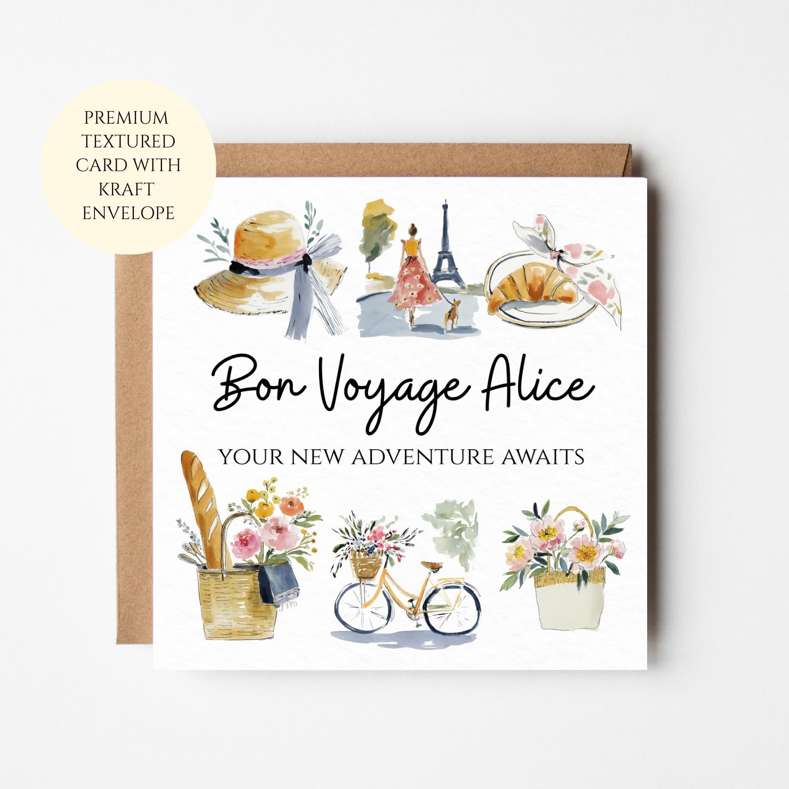 Bon Voyage Paris Travel Card – Eiffel Tower, Bicycle & French Florals | Personalised Card