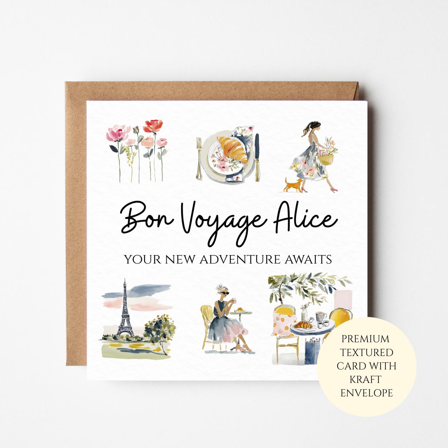 Bon Voyage Paris Card – Croissants, Café Scene & Eiffel Tower Watercolour
