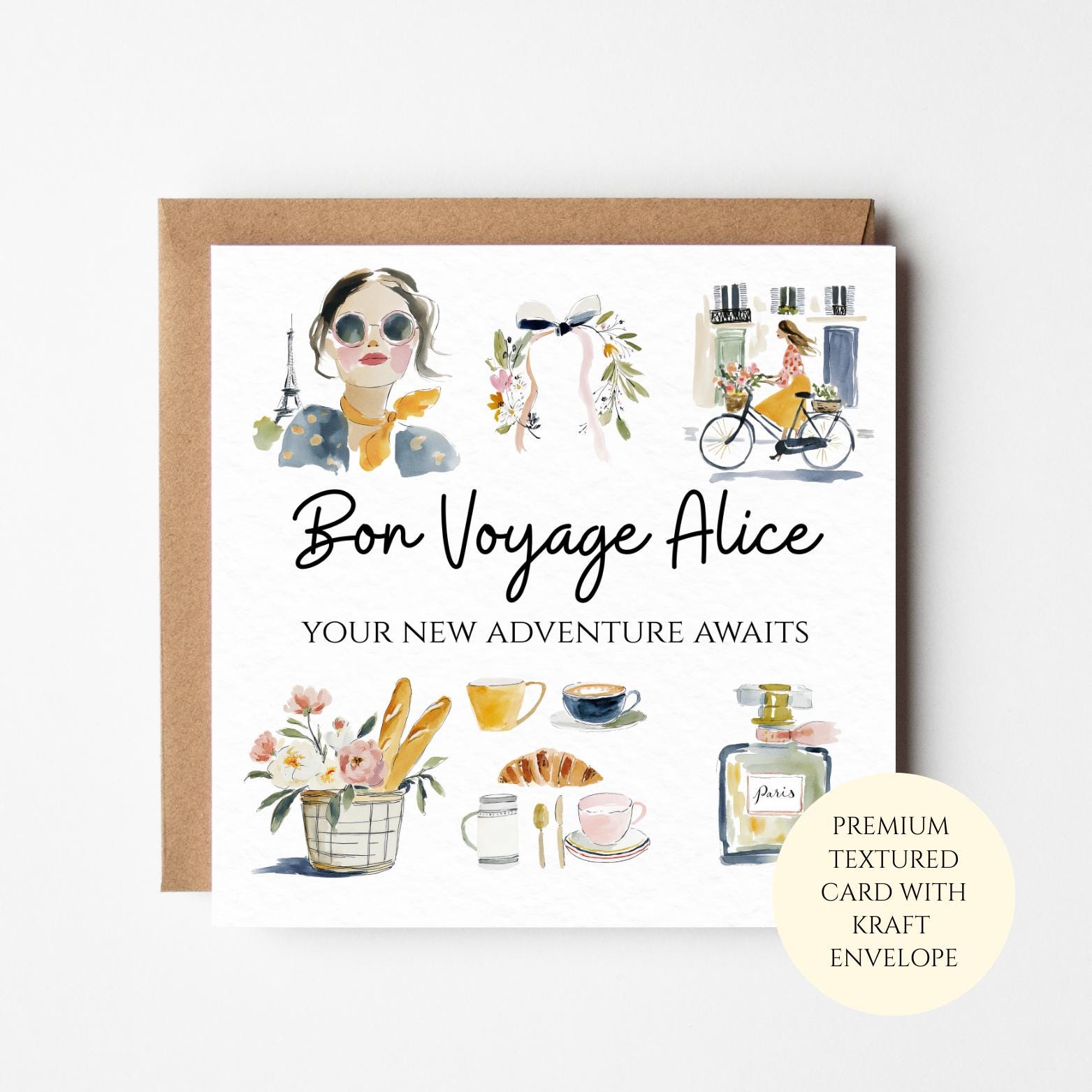 Bon Voyage France Card – Paris Fashion, Perfume & Café Watercolour Illustration