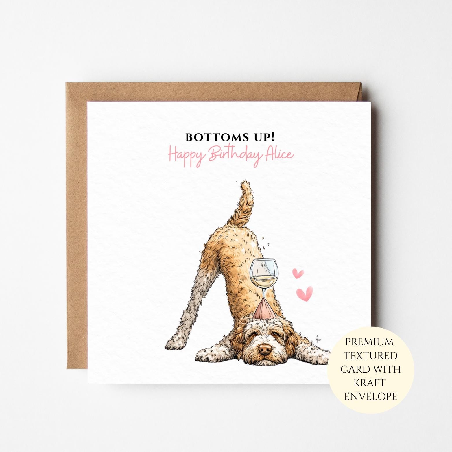 Personalised Birthday Card Funny Bottoms Up Dog Birthday Card Wine Lover Gift For Best Friend