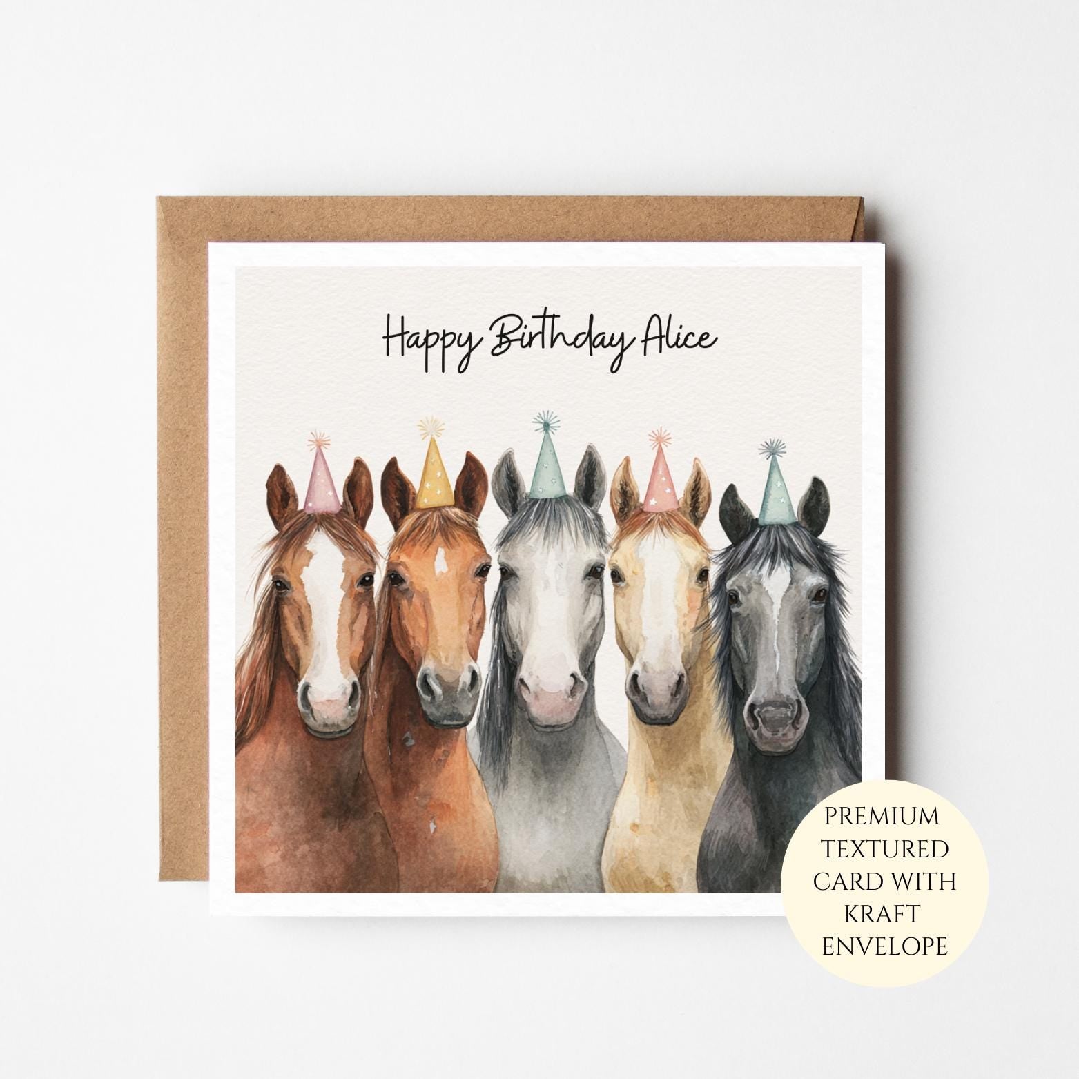 Personalised Watercolour Horse Birthday Card for Her – Horse Lover Gift – Equestrian Pony Birthday Card for Friend or Daughter