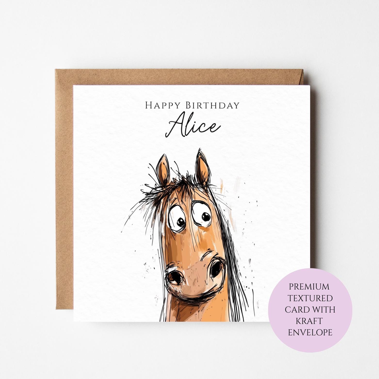 Personalised Horse Birthday Card, Funny Horse Illustration with Expressive Face, Horse Lover Birthday, Birthday Card for Her Him