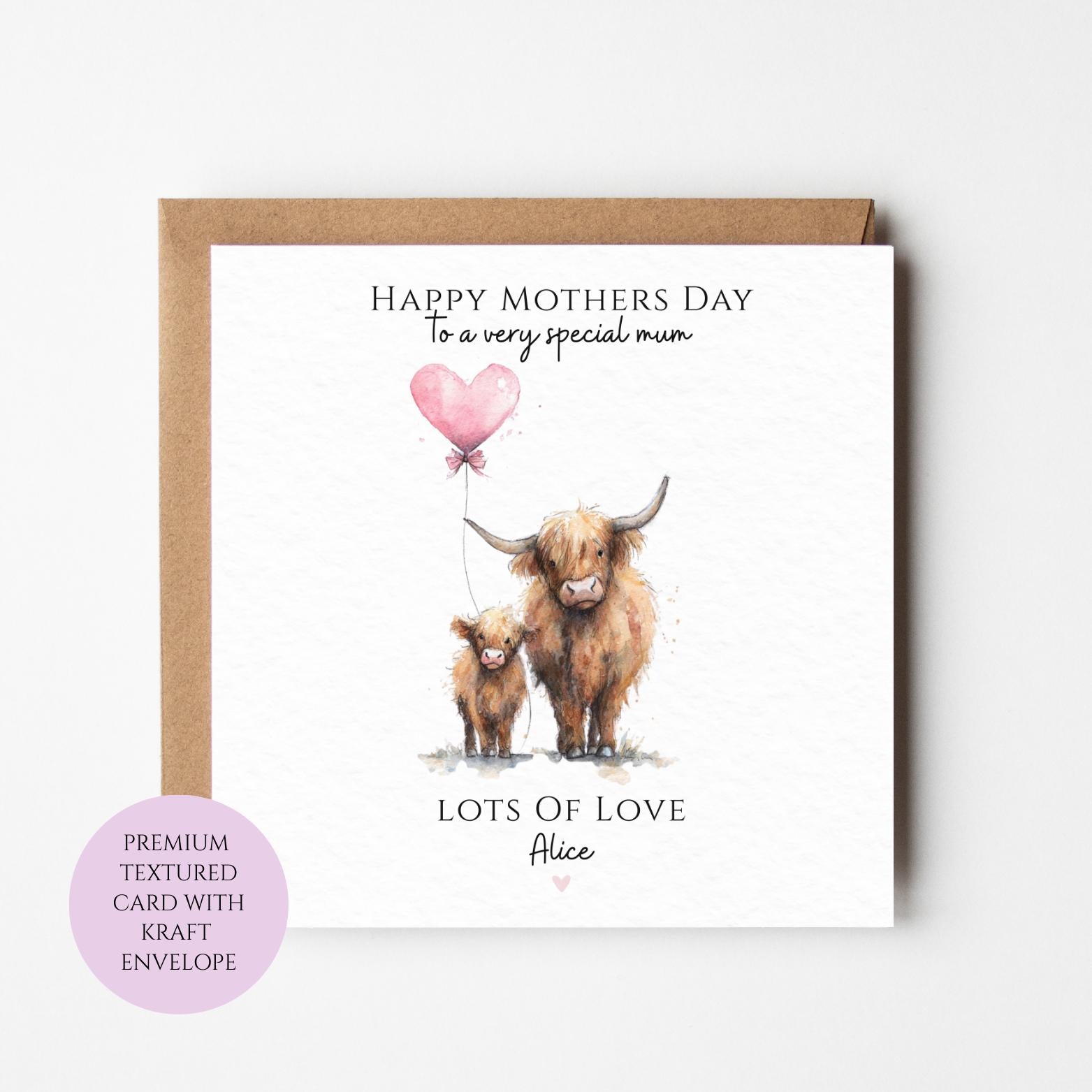 Mum Mothers Day Card Watercolour Highland Cow Family Best Mum Card Mothers Day Textured Heartfelt Card Best Mum Love Card Mum Day