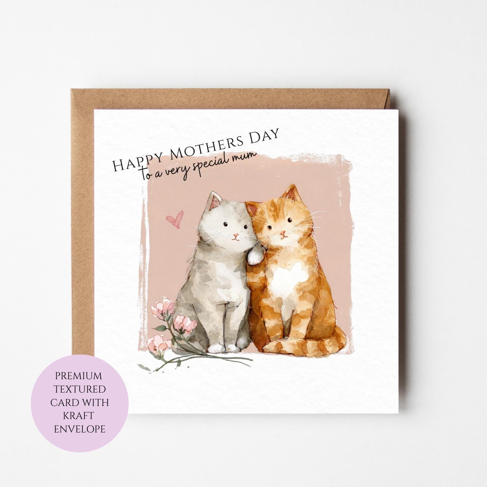 Mum Mothers Day Card Watercolour Cat Family Cute Animal Best Mum Gift Mothers Day Textured Heartfelt Card Best Mum Love Card Mum Day