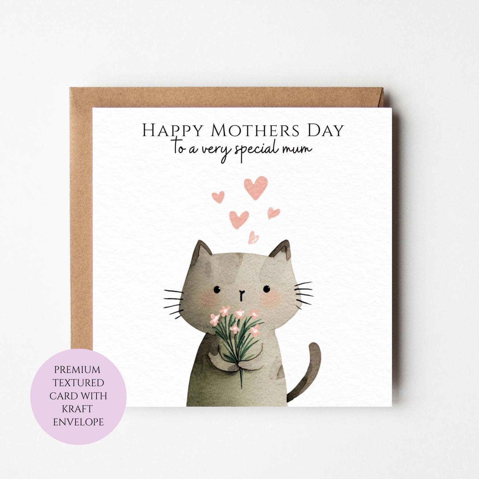 Mum Mothers Day Card Watercolour Cat Floral Cute Kitten Best Mum Gift Mothers Day Textured Heartfelt Card Best Mum Love Card Mum Day