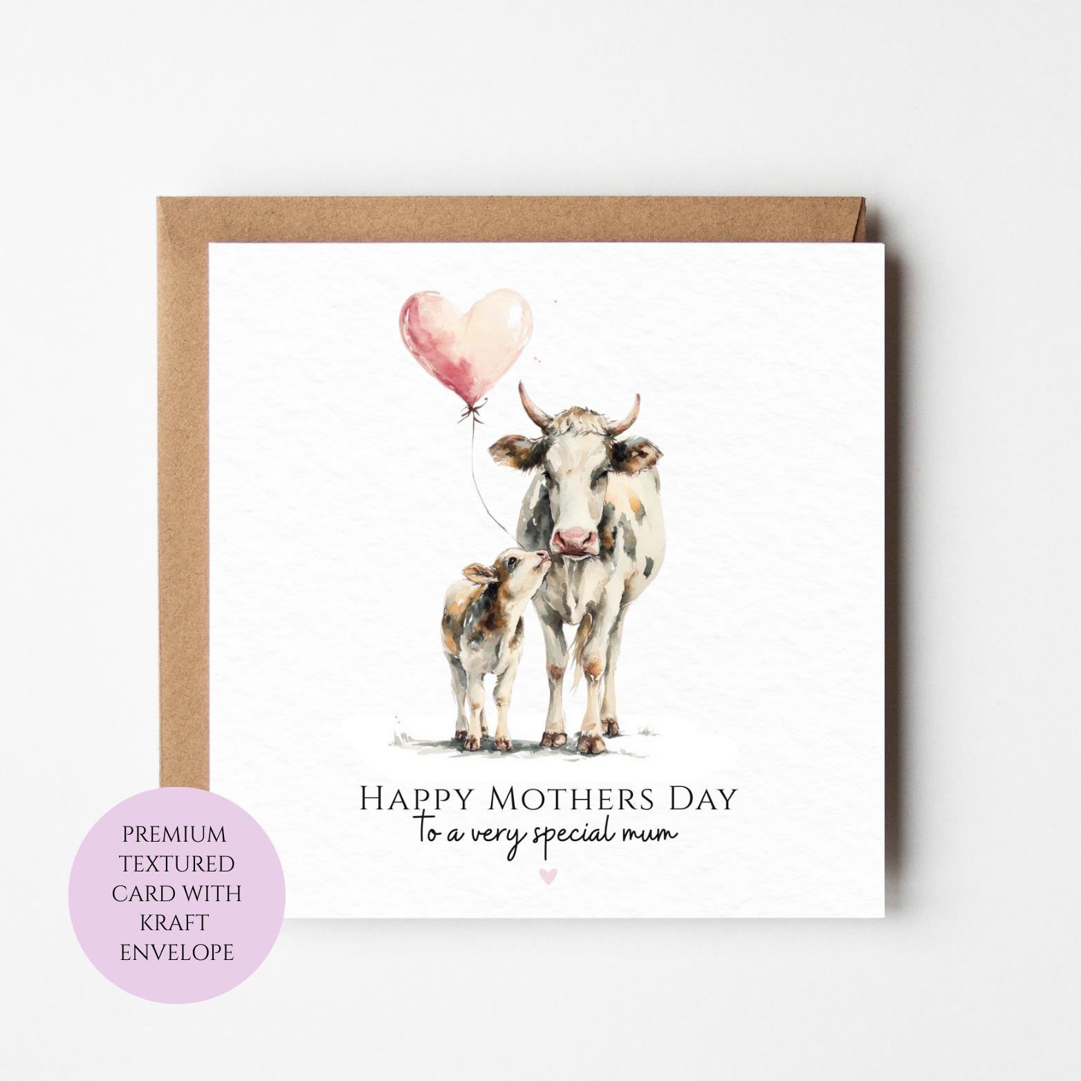 Mum Mothers Day Card Watercolour Cow and Calf Farm Animal Best Mum Gift Mothers Day Textured Heartfelt Card Best Mum Love Card Mum Day
