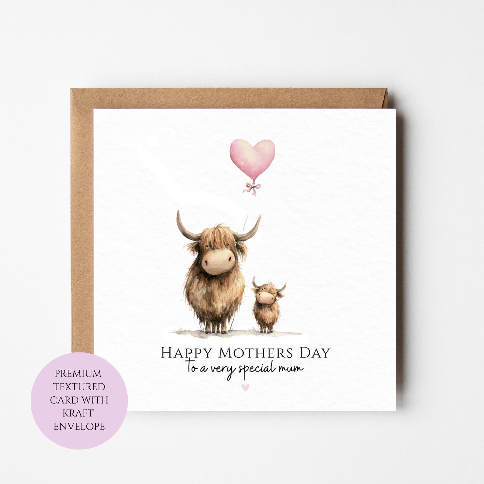 Mum Mothers Day Card Watercolour Highland Cow Cute Farm Animal Gift Mothers Day Textured Heartfelt Card Best Mum Love Card Mum Day