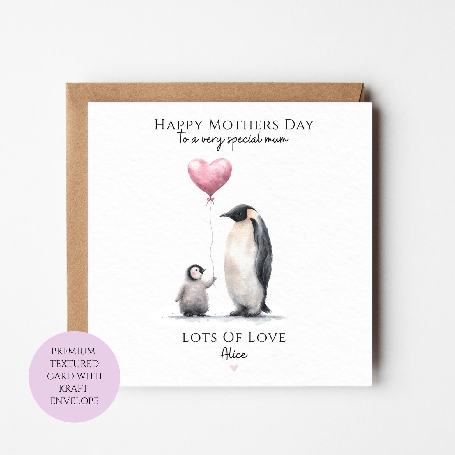 Mum Mothers Day Card Watercolour Penguin Family Arctic Animal Best Mum Gift Mothers Day Textured Heartfelt Card Best Mum Love Card Mum Day